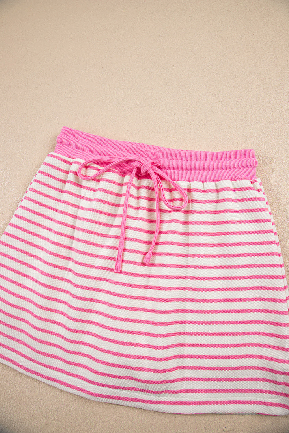 Pink Stripe Collared V Neck Drop Shoulder Pullover And Skort 2Pcs Outfit-Two Piece Sets/Two Piece Dresses-[Adult]-[Female]-2022 Online Blue Zone Planet