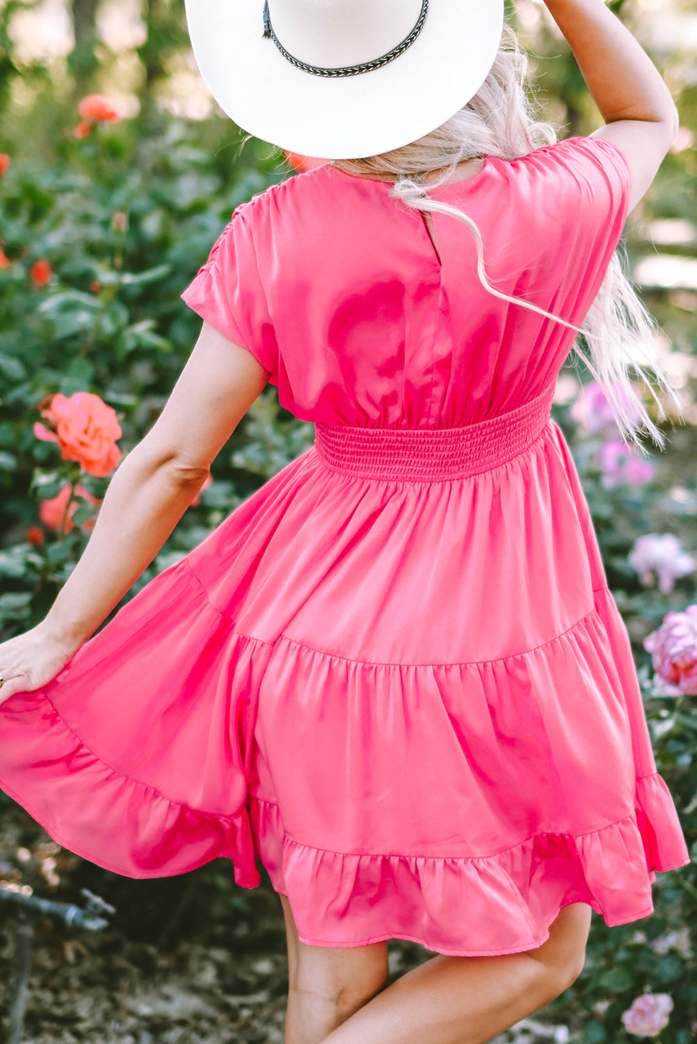 Strawberry Pink Ruched Sleeve V Neck Smock Waist Tiered Ruffled Dress Blue Zone Planet