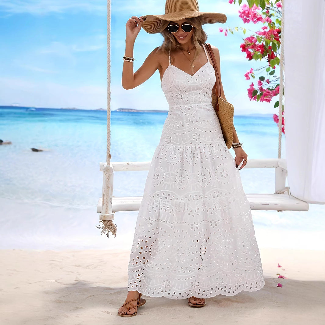 Santorini Breeze Jacquard Embroidered Eyelet Maxi Dress