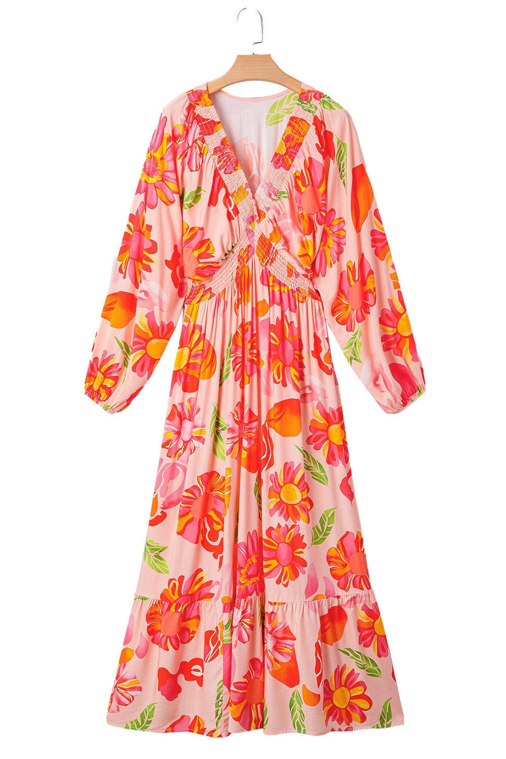 Beige Floral Print Smocked Detail V Neck Puff Sleeve Flowy Maxi Dress-TOPS / DRESSES-[Adult]-[Female]-2022 Online Blue Zone Planet