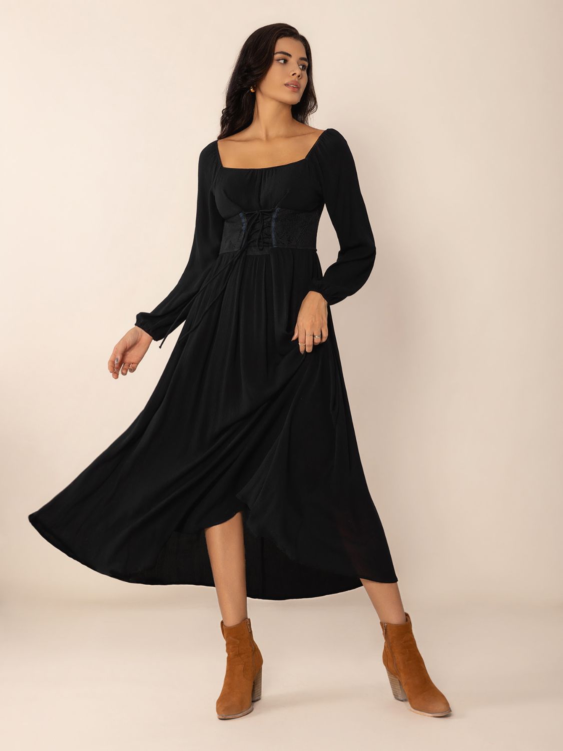 Lace-Up Square Neck Long Sleeve Midi Dress-TOPS / DRESSES-[Adult]-[Female]-2022 Online Blue Zone Planet