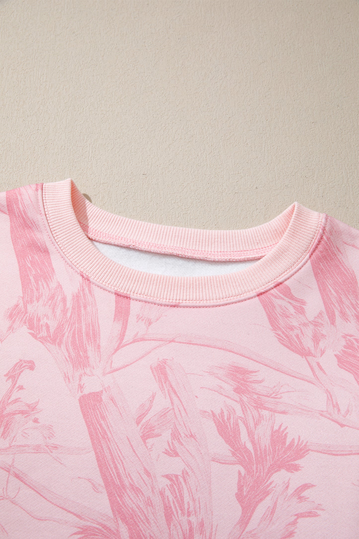Pink Abstract Print Ribbed Crewneck Long Sleeve Top Elastic Waist Short Set-Two Piece Sets/Short Sets-[Adult]-[Female]-2022 Online Blue Zone Planet