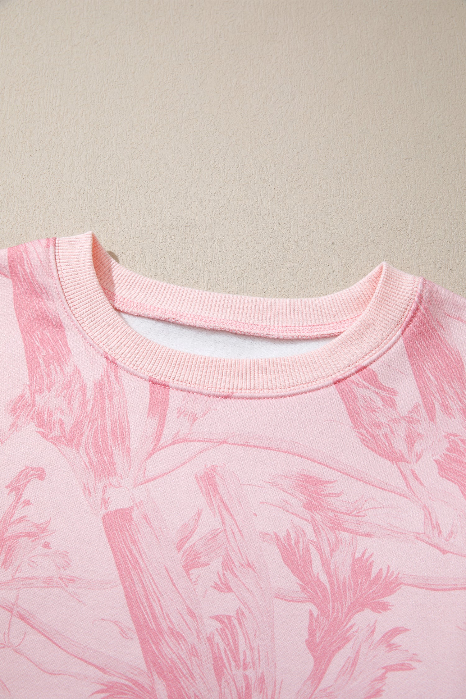 Pink Abstract Print Ribbed Crewneck Long Sleeve Top Elastic Waist Short Set-Two Piece Sets/Short Sets-[Adult]-[Female]-2022 Online Blue Zone Planet