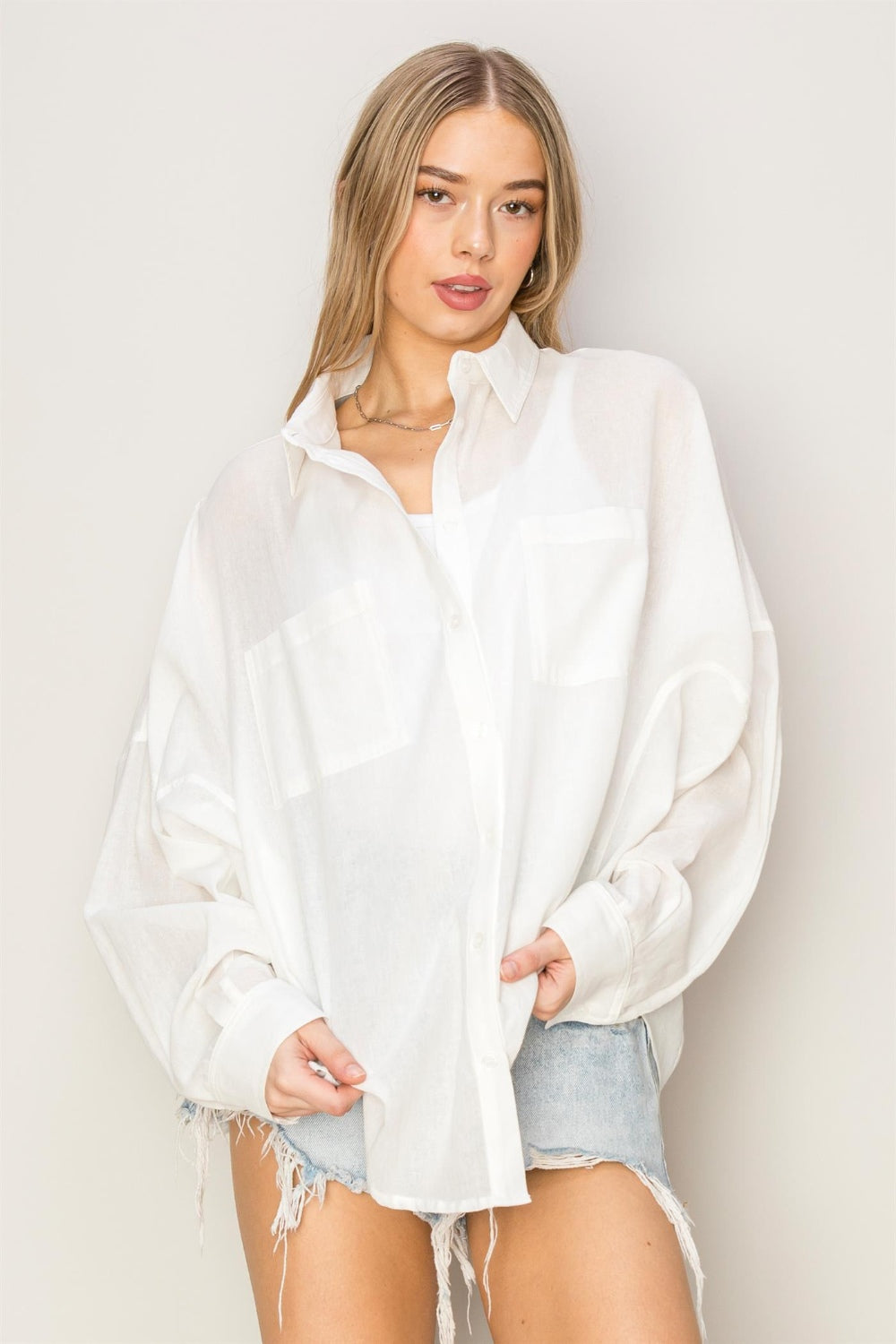 Blue Zone Planet | HYFVE Button Up Drop Shoulder Shirt-TOPS / DRESSES-[Adult]-[Female]-Off White-S-2022 Online Blue Zone Planet