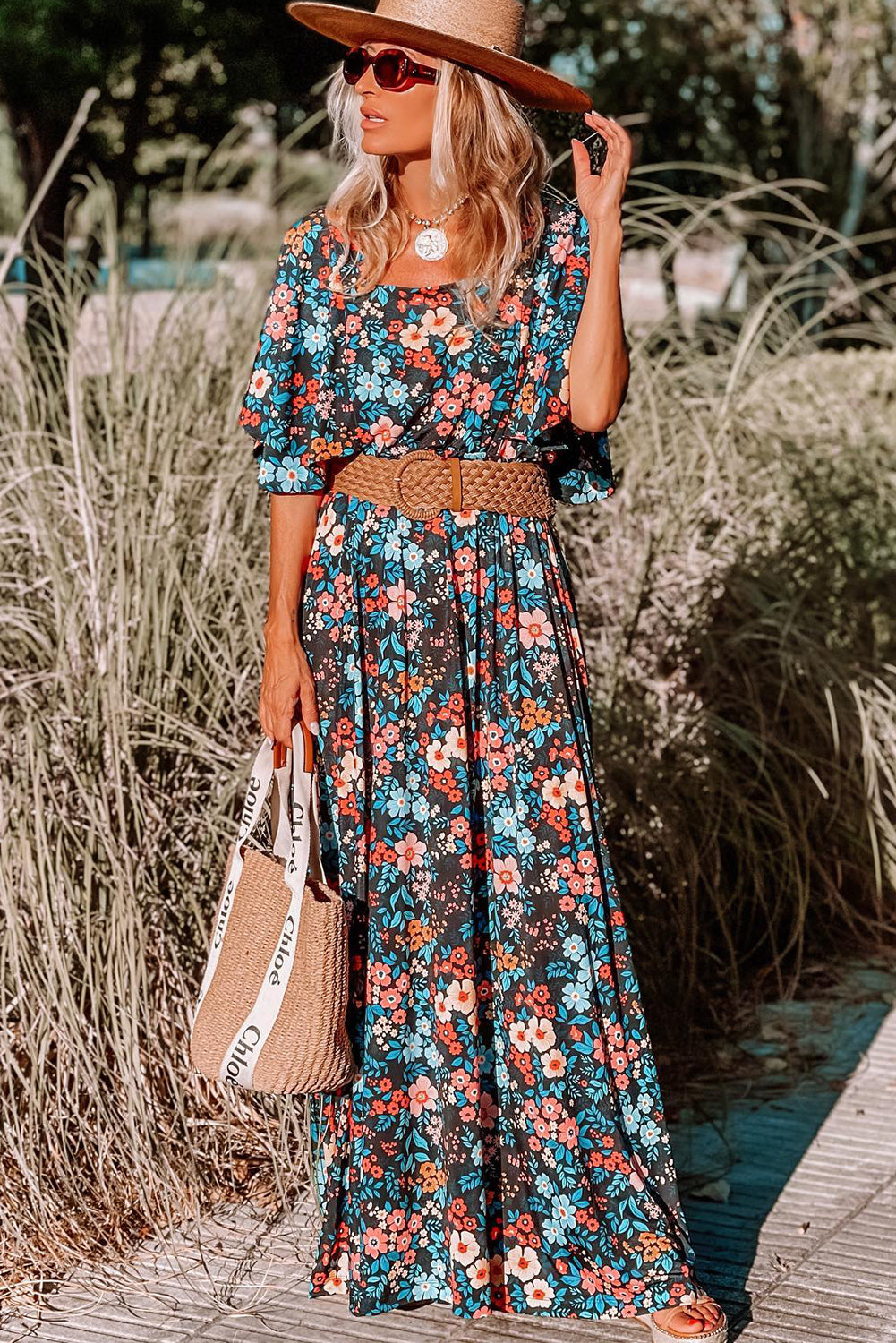 Sky Blue Boho Floral Print Knotted Backless Maxi Dress-Maxi Dresses-[Adult]-[Female]-2022 Online Blue Zone Planet