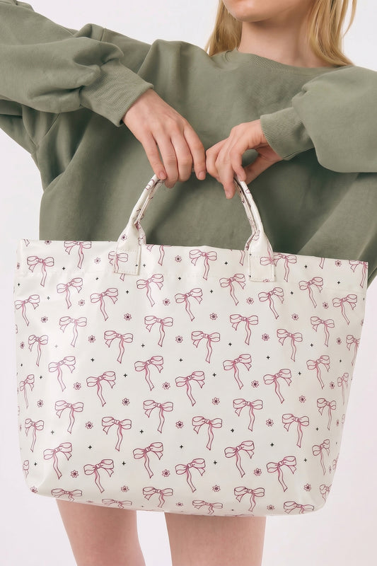 White Sweet Bow Flower Printed Sleek Vilnyl Tote Bag-Shoes & Bags/Handbags-[Adult]-[Female]-White-ONE SIZE-2022 Online Blue Zone Planet