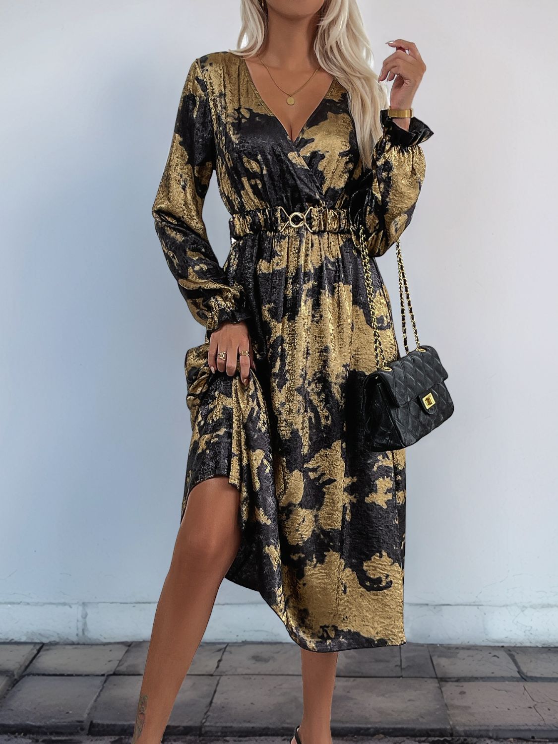 Perfee Printed Surplice Long Sleeve Midi Dress-TOPS / DRESSES-[Adult]-[Female]-2022 Online Blue Zone Planet