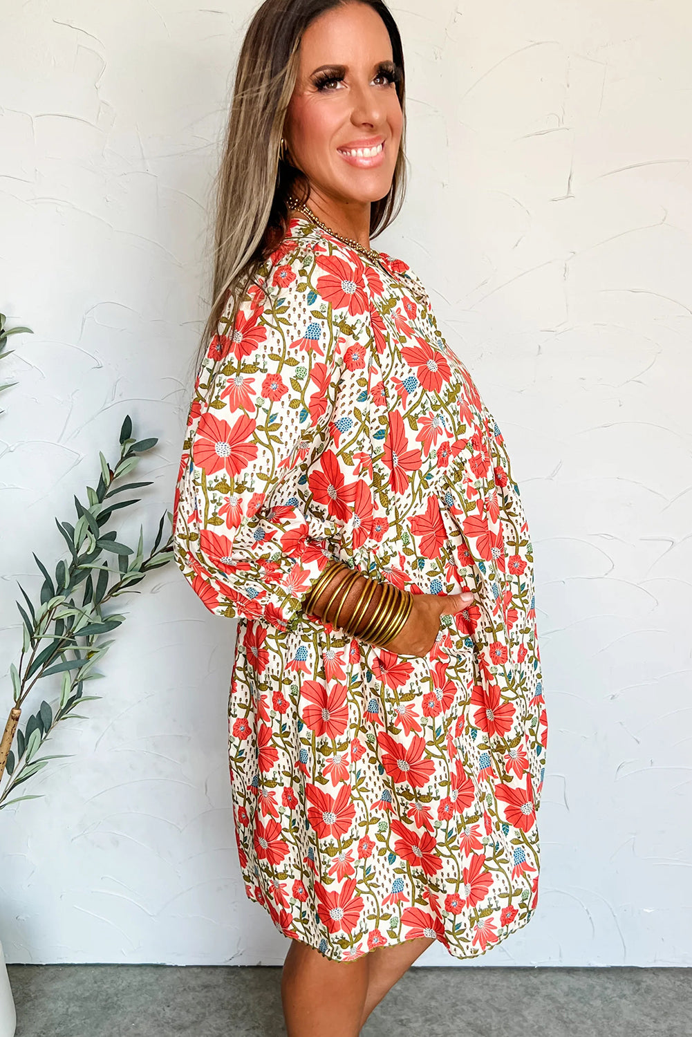 Red Floral Print Ricrac Trim V Neck 3/4 Sleeve Loose Mini Dress-Dresses/Floral Dresses-[Adult]-[Female]-2022 Online Blue Zone Planet