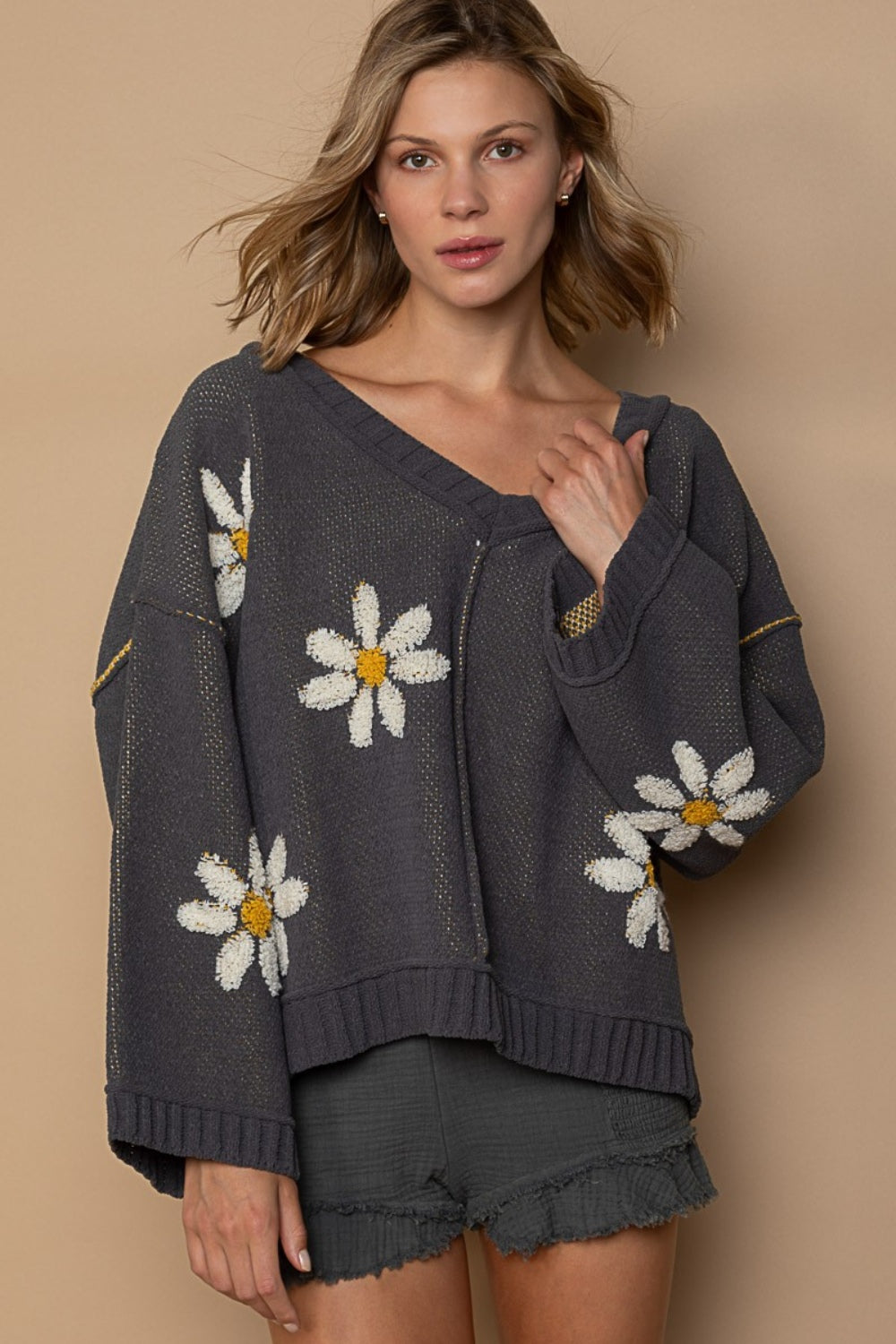 Blue Zone Planet | POL V-Neck Floral Pattern Chenille Sweater-TOPS / DRESSES-[Adult]-[Female]-Charcoal-S-2022 Online Blue Zone Planet