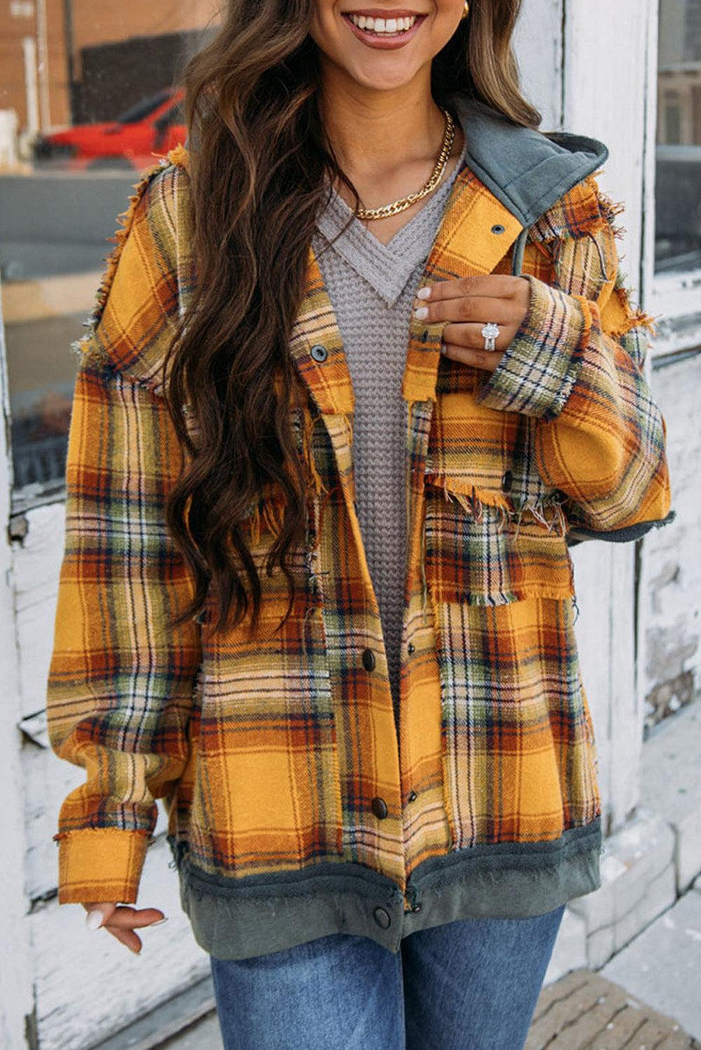 Orange Plaid Patch Hooded Frayed Snap Button Jacket-Outerwear/Plaid Shackets-[Adult]-[Female]-Orange-S-2022 Online Blue Zone Planet