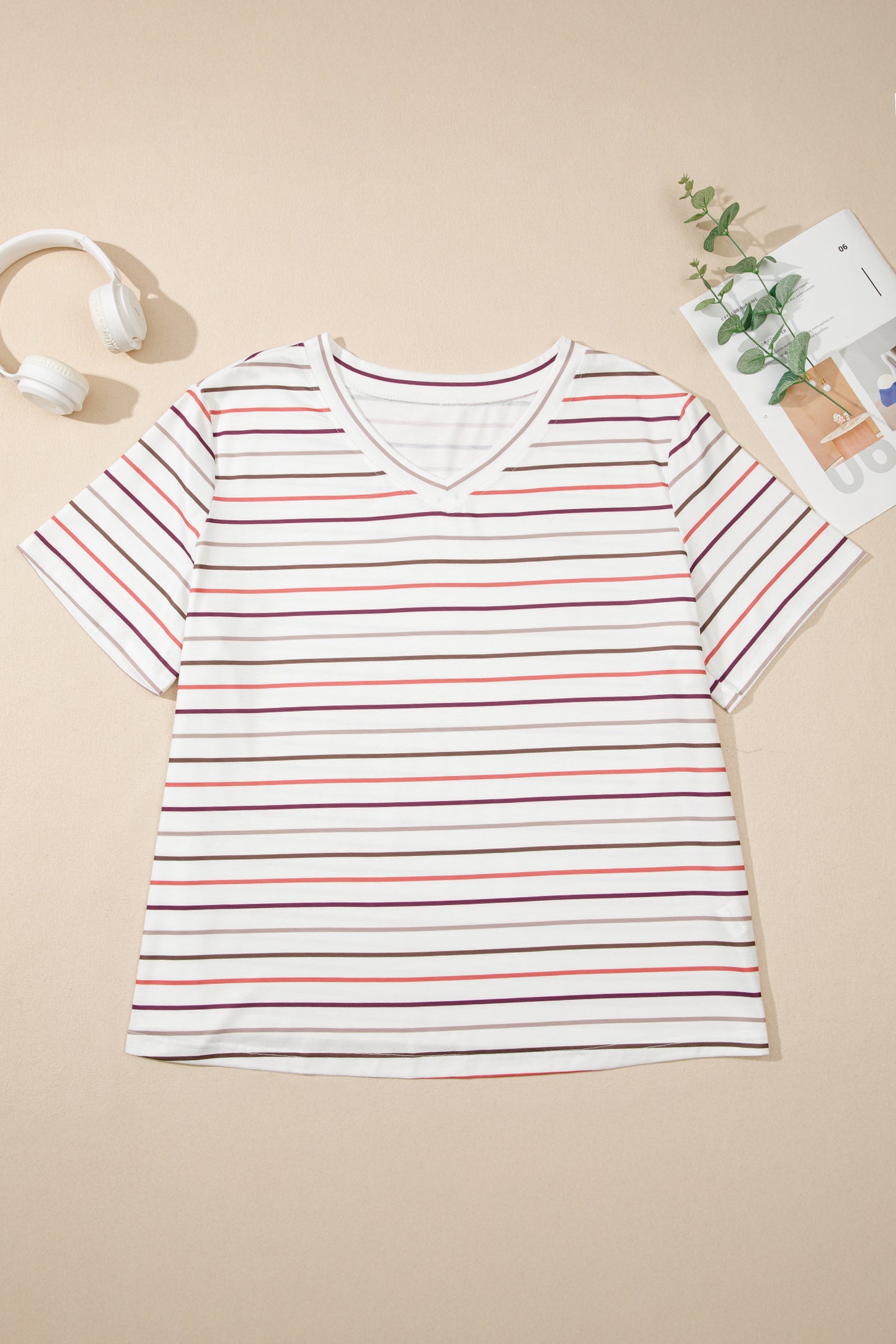 White Stripe V Neck Casual Plus Size Tee-Plus Size/Plus Size Tops/Plus Size Tops & Tees-[Adult]-[Female]-2022 Online Blue Zone Planet