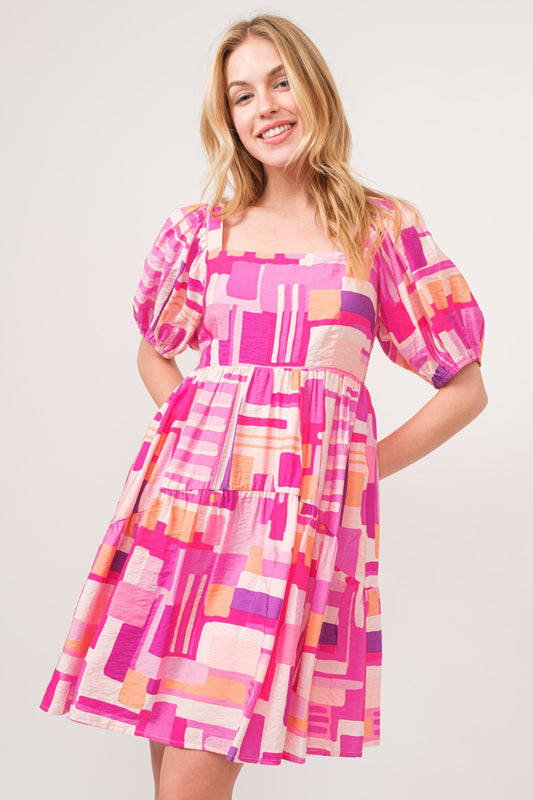 Blue Zone Planet | And The Why Color Block Puff Sleeve Dress-TOPS / DRESSES-[Adult]-[Female]-Pink Multi-S-2022 Online Blue Zone Planet