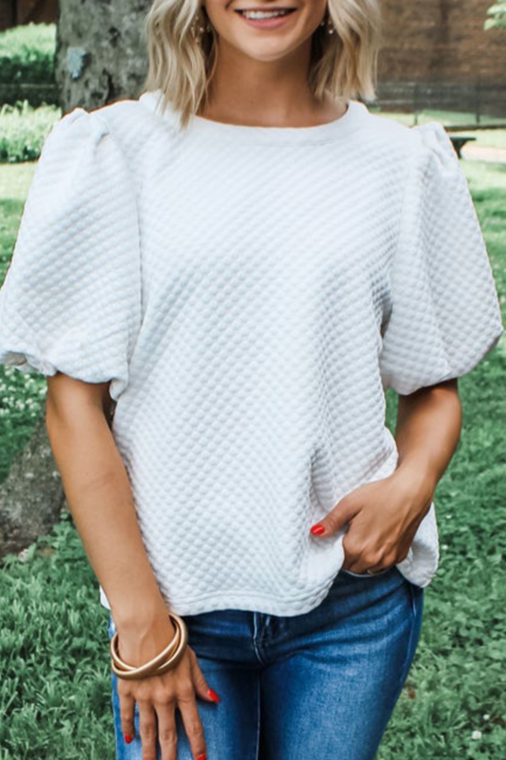 Textured Round Neck Puff Sleeve Blouse-TOPS / DRESSES-[Adult]-[Female]-2022 Online Blue Zone Planet