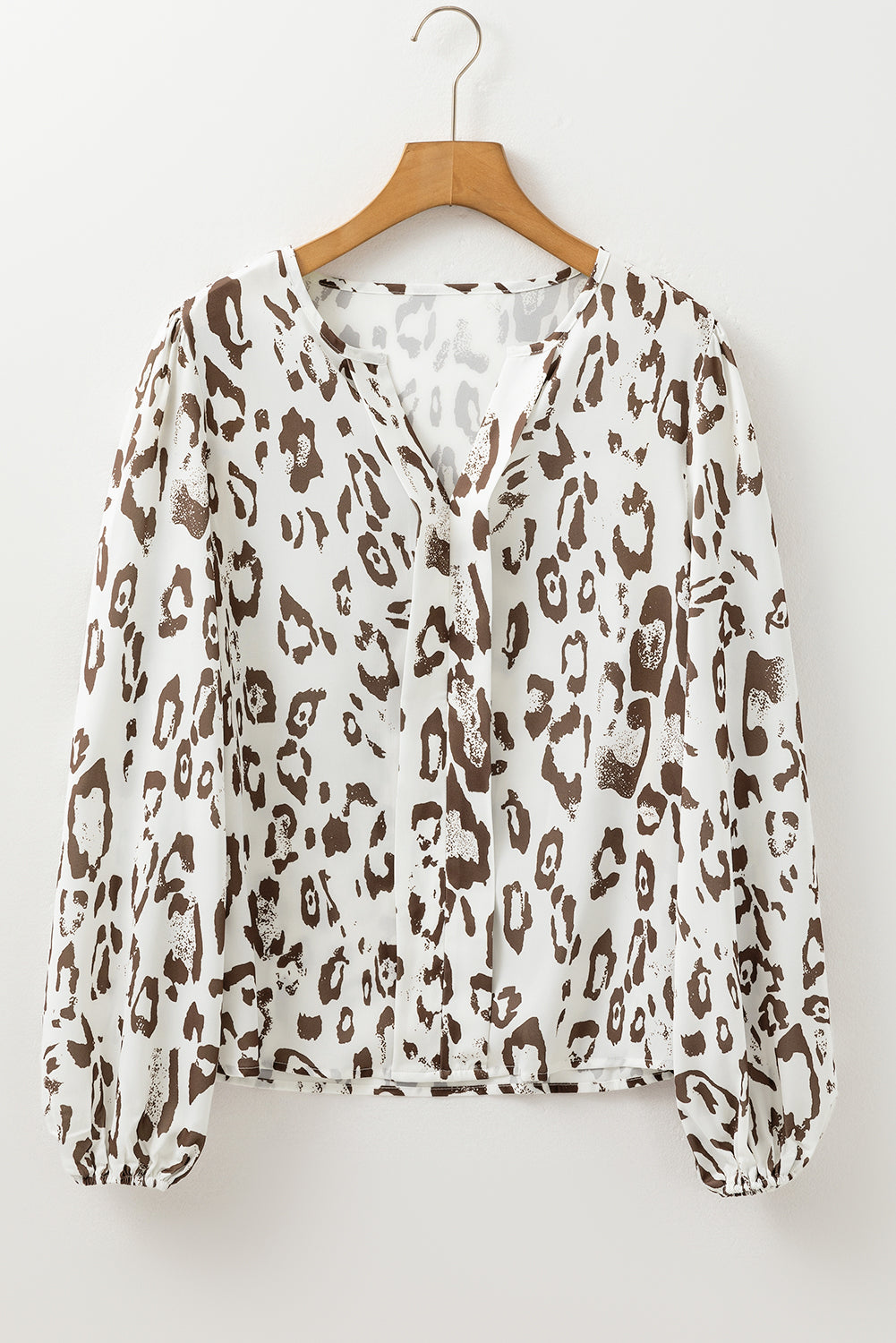 Blue Zone Planet | Khaki Leopard Print Split Neck Balloon Sleeve Blouse-Tops/Blouses & Shirts-[Adult]-[Female]-2022 Online Blue Zone Planet