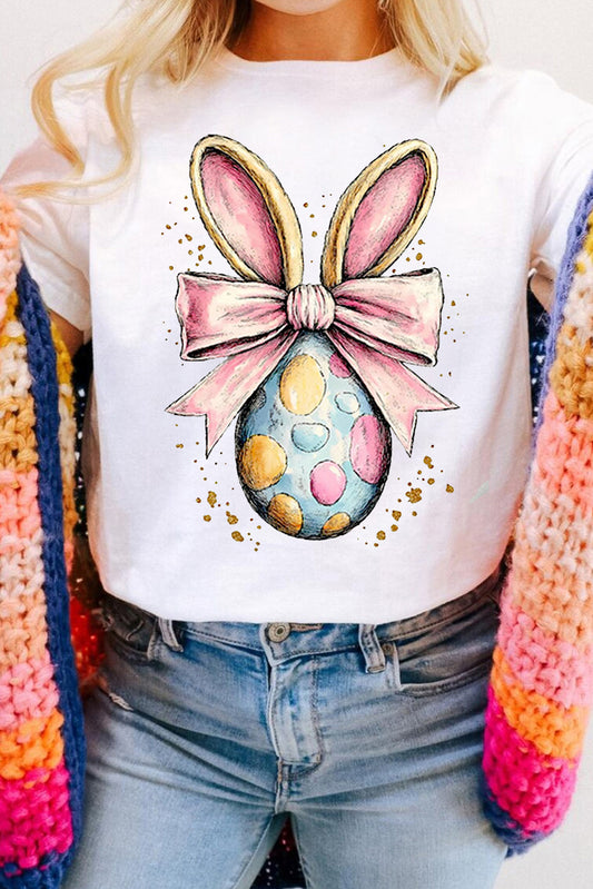 White Easter Egg Bow Bunny Ear Printed T Shirt-Graphic/Graphic Tees-[Adult]-[Female]-White-S-2022 Online Blue Zone Planet