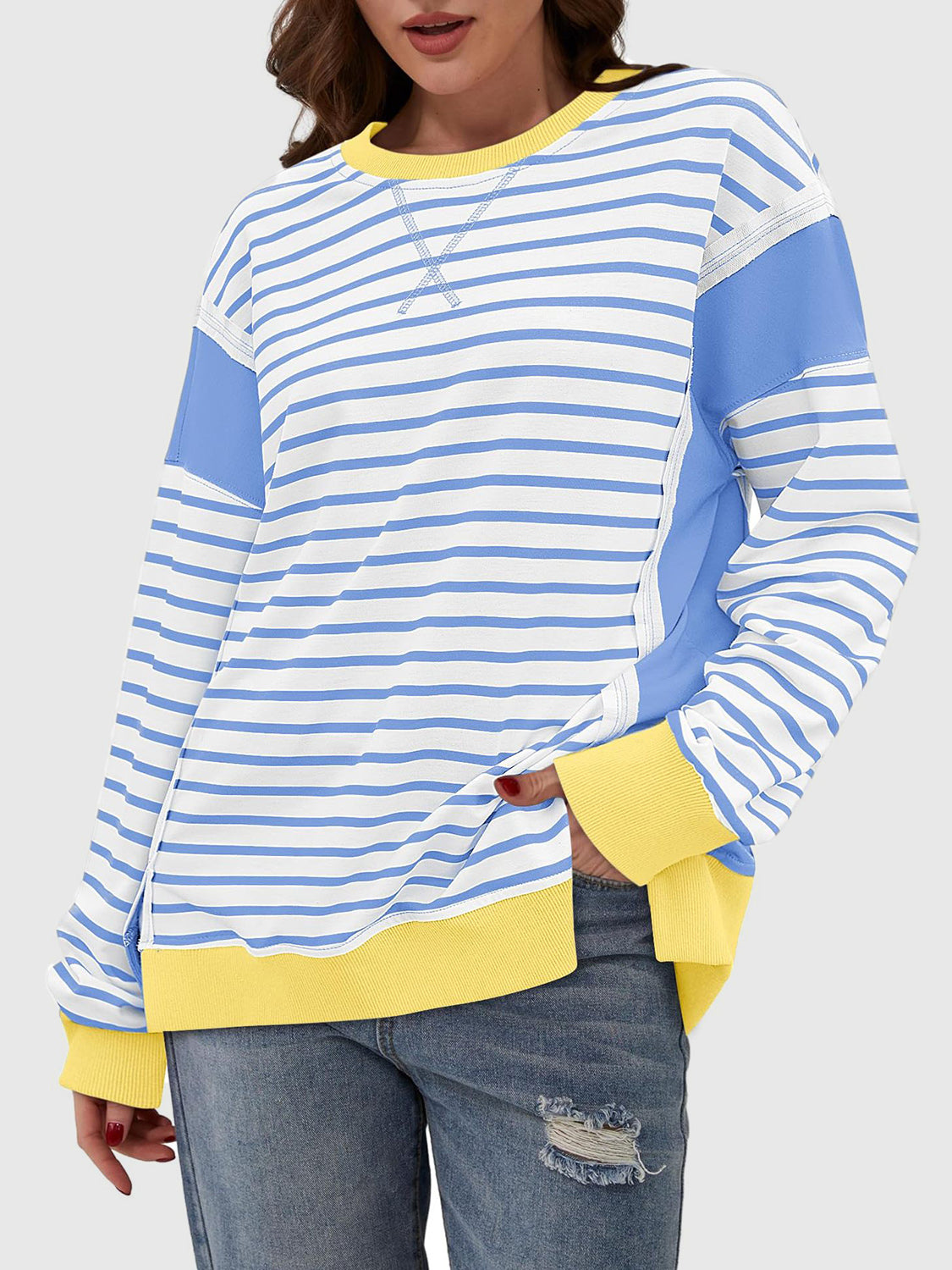 Slit Exposed Seam Striped Long Sleeve Sweatshirt-TOPS / DRESSES-[Adult]-[Female]-2022 Online Blue Zone Planet