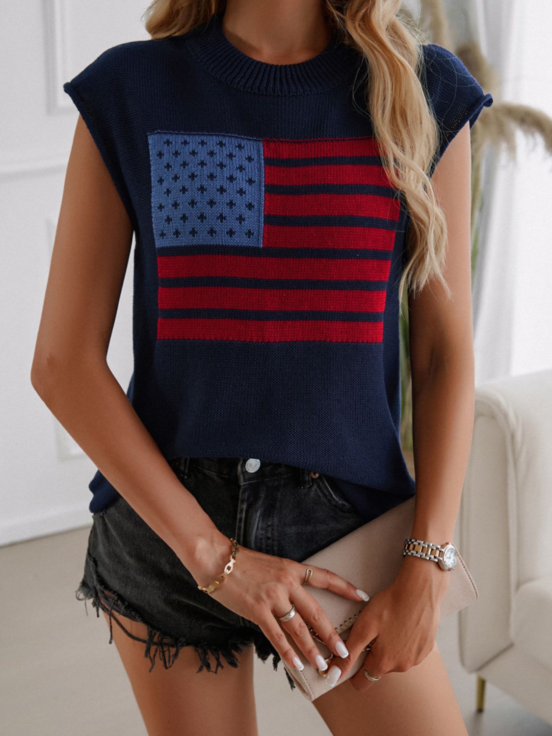 Blue Zone Planet | Devine US Flag Round Neck Sweater Vest-TOPS / DRESSES-[Adult]-[Female]-Dark Blue-S-2022 Online Blue Zone Planet