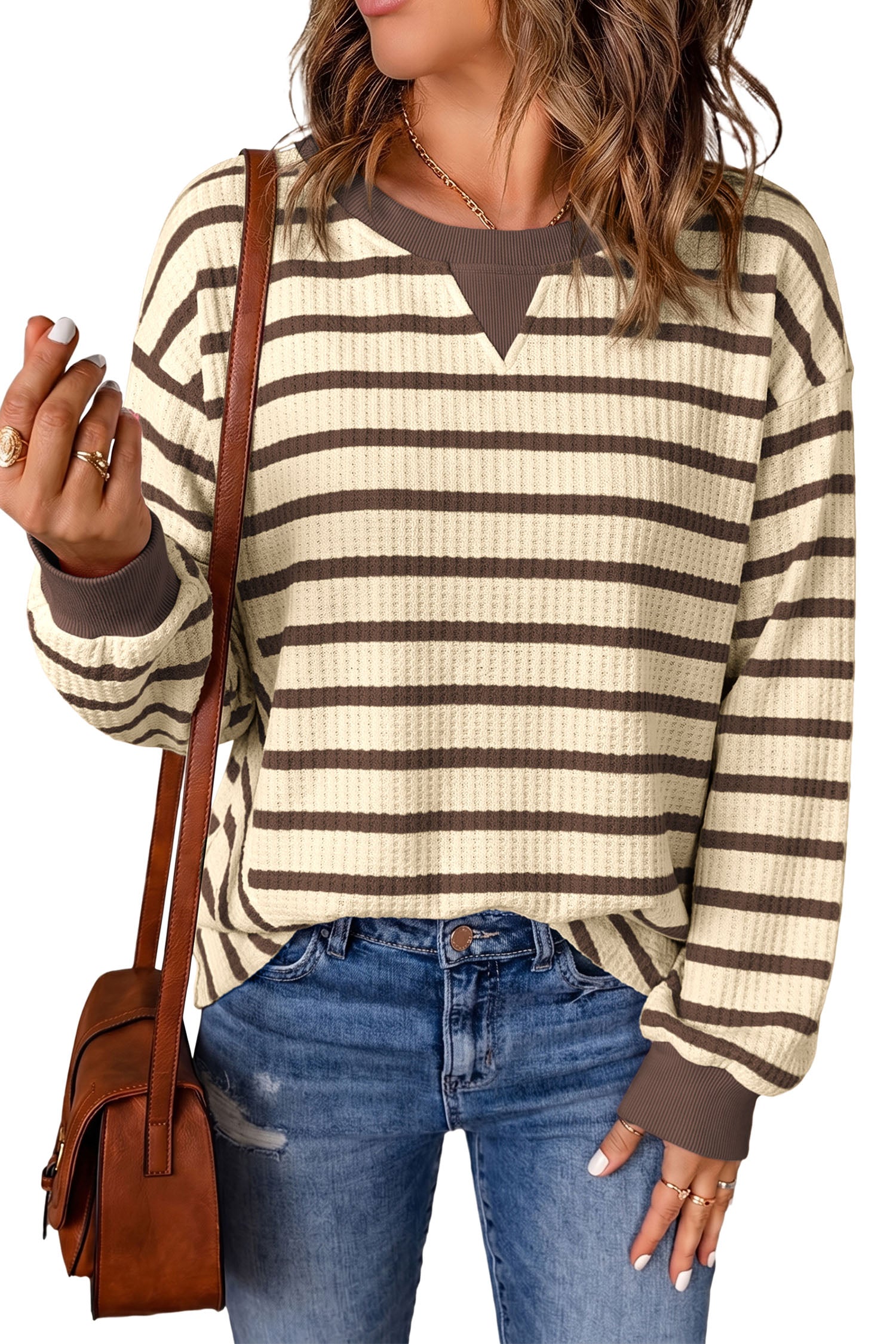 Brown Stripe Patchwork Ribbed Cuff Casual Pullover Sweatshirt-Tops/Sweatshirts & Hoodies-[Adult]-[Female]-2022 Online Blue Zone Planet