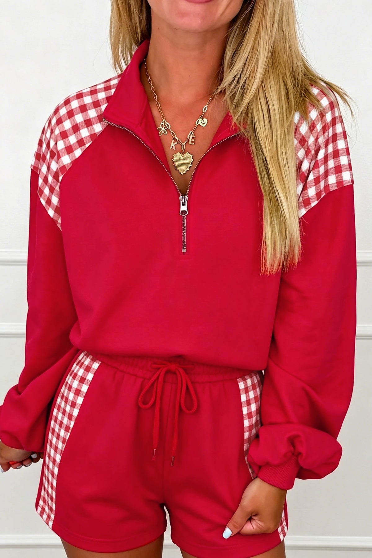Bright Green Plaid Patchwork Half Zip Pullover Drawstring Short Set