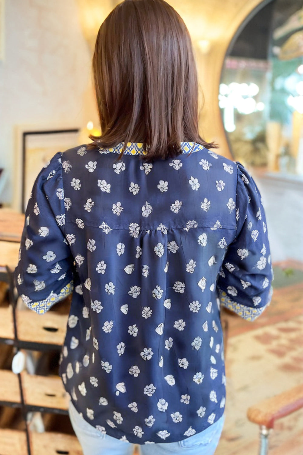 Blue Floral Print Half Sleeve Contrast Trim V Neck Blouse-Tops/Blouses & Shirts-[Adult]-[Female]-2022 Online Blue Zone Planet