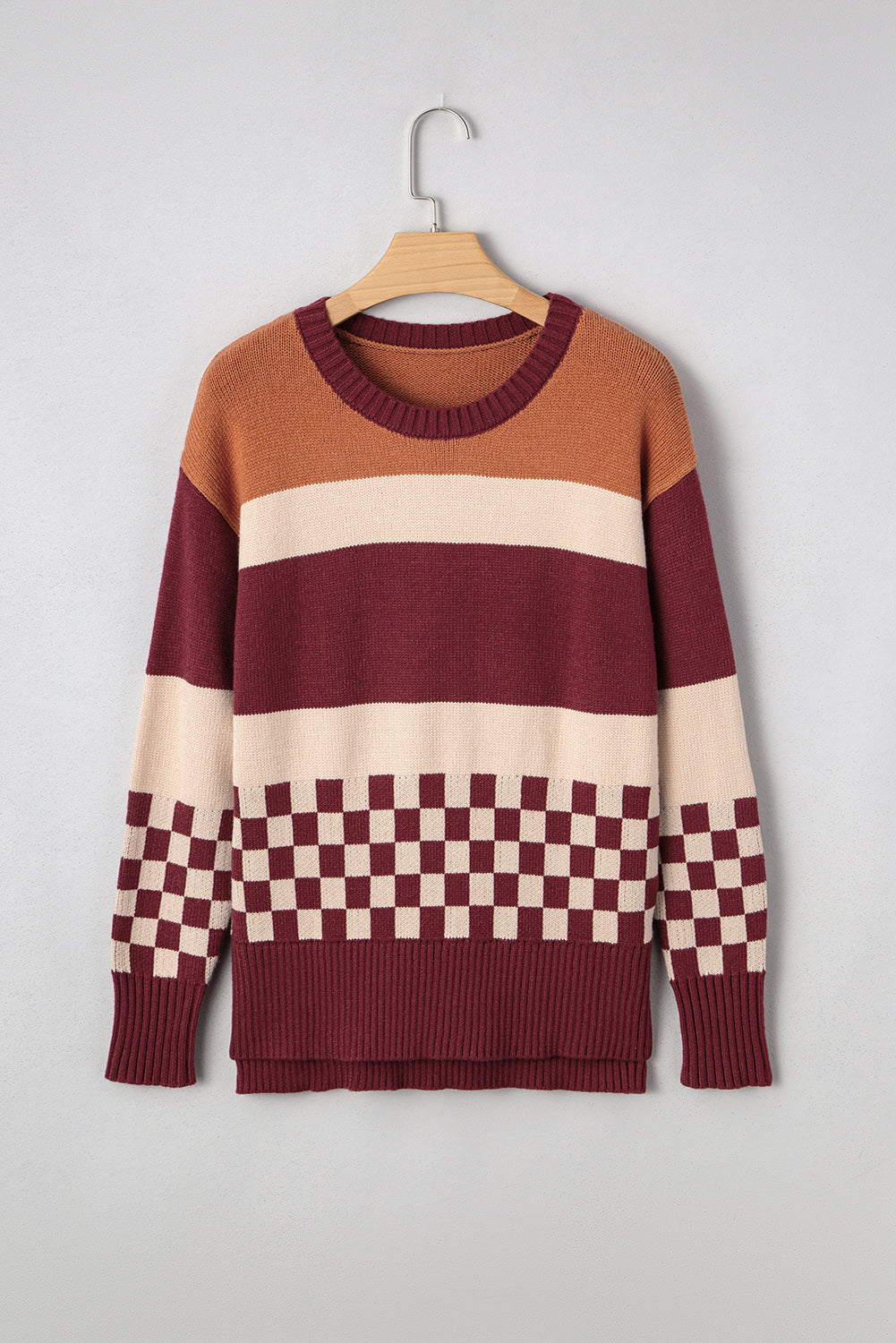 Brown Checkered Color Block Knitted Drop Shoulder Sweater-TOPS / DRESSES-[Adult]-[Female]-2022 Online Blue Zone Planet