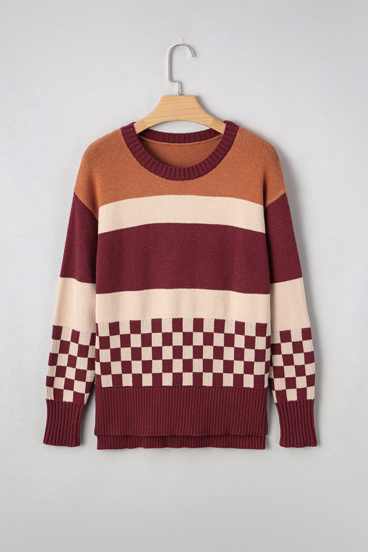 Brown Checkered Color Block Knitted Drop Shoulder Sweater-TOPS / DRESSES-[Adult]-[Female]-2022 Online Blue Zone Planet