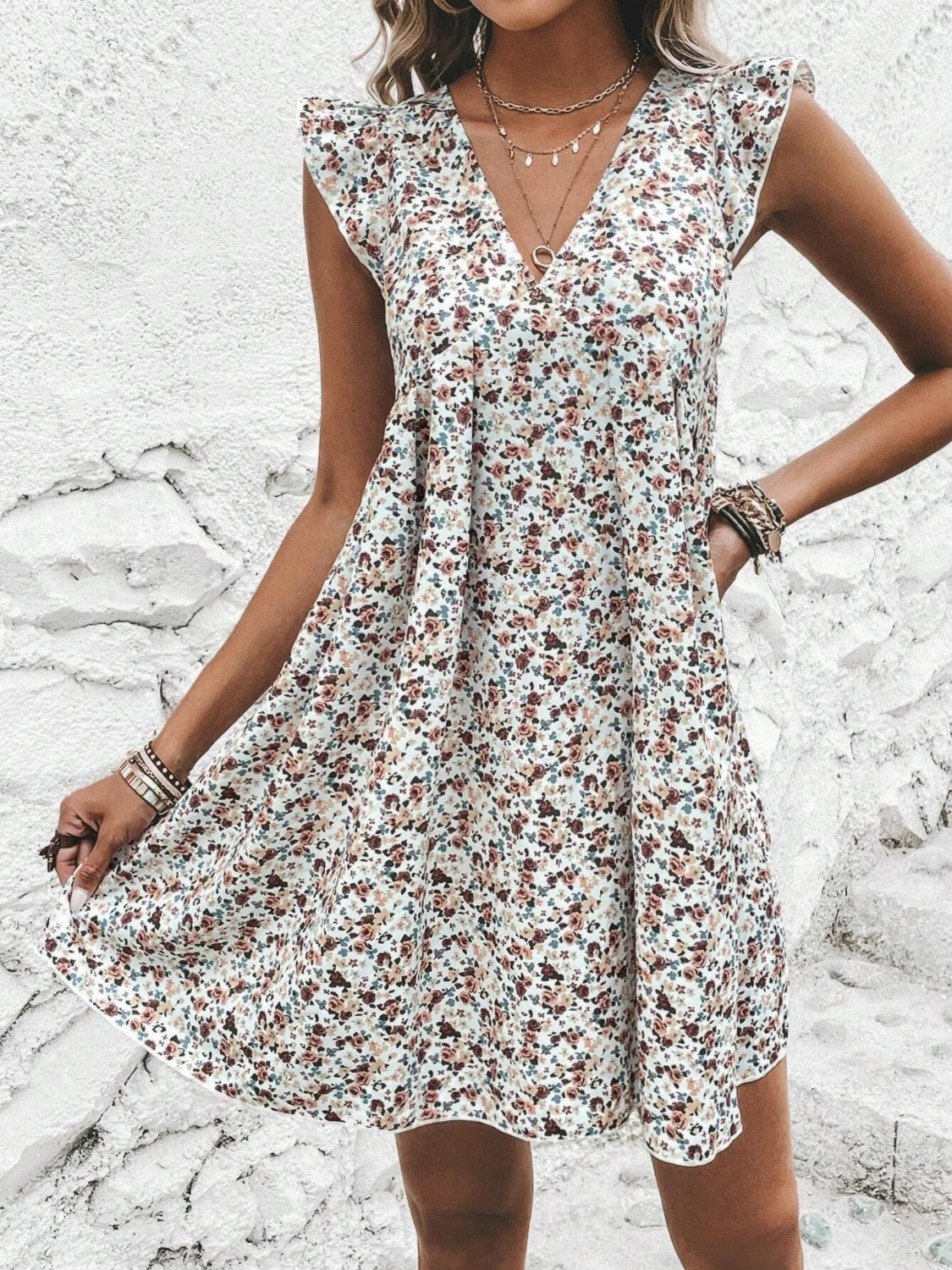 Printed V-Neck Cap Sleeve Mini Dress-TOPS / DRESSES-[Adult]-[Female]-Floral-S-2022 Online Blue Zone Planet