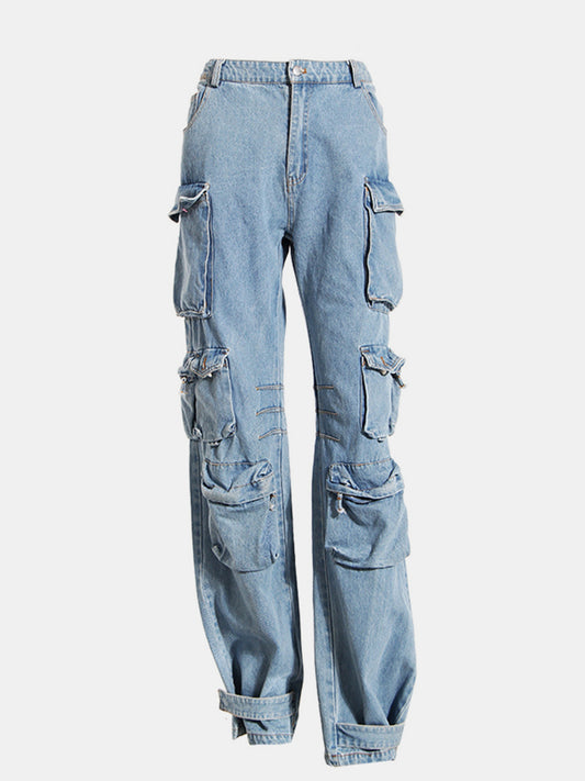 Washed Wide Leg Cargo Jeans BLUE ZONE PLANET