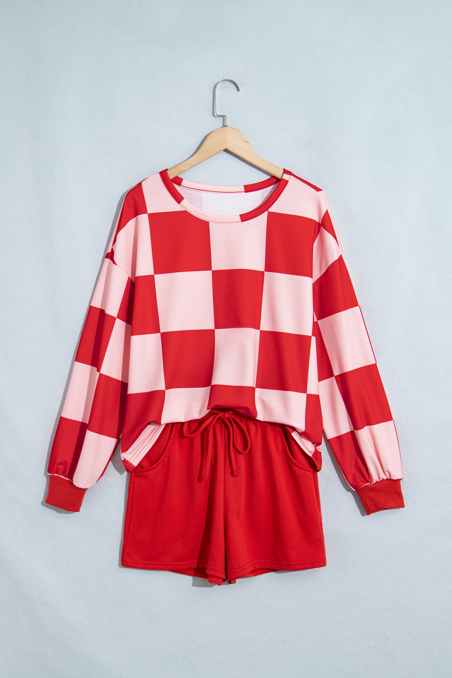 Khaki Checkerboard Plaid Long Sleeve Solid Color Shorts 2pcs Set-Two Piece Sets/Short Sets-[Adult]-[Female]-2022 Online Blue Zone Planet
