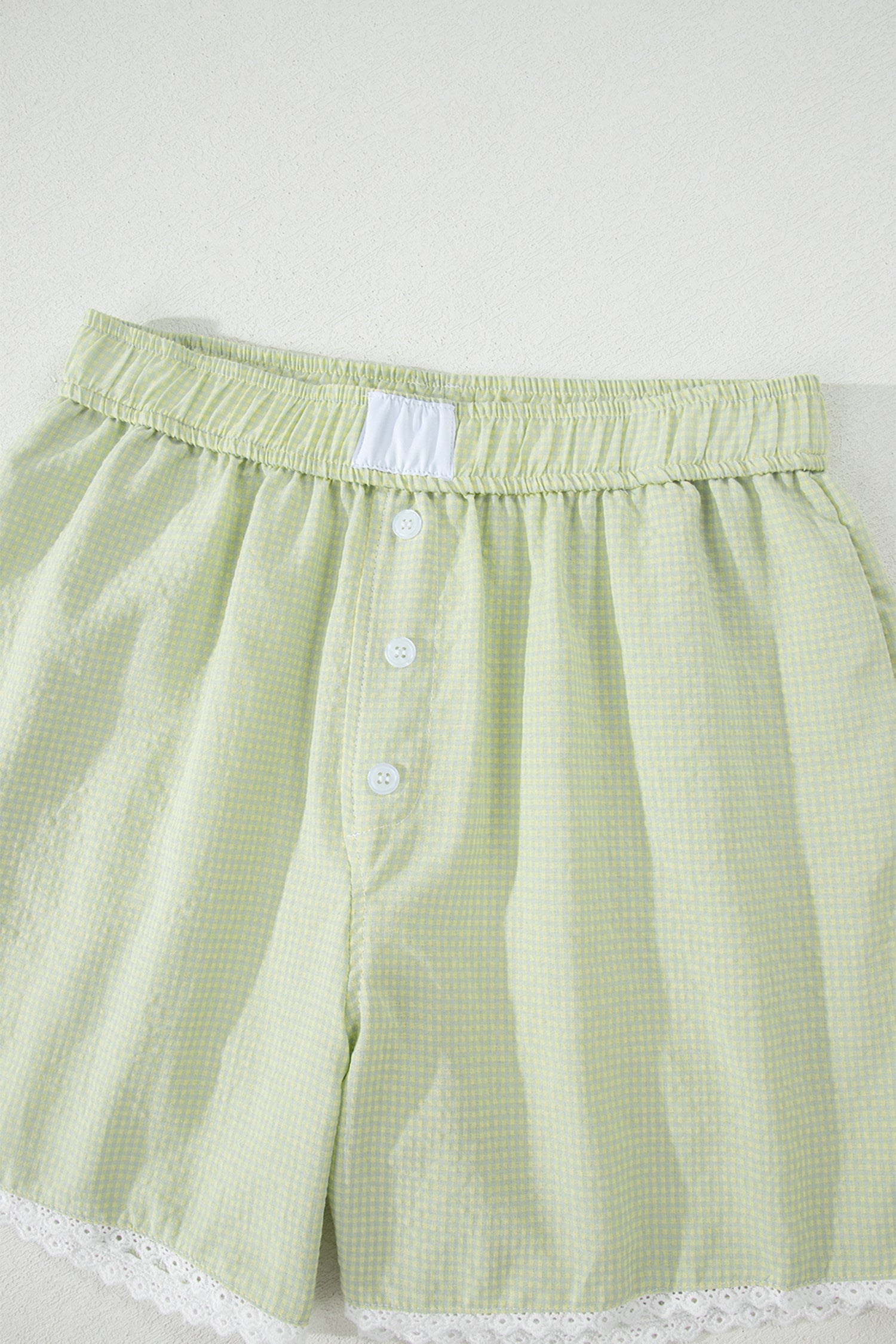 Green Gingham Plaid Button Detail Lace Trim Boxer Shorts-Bottoms/Casual Shorts-[Adult]-[Female]-2022 Online Blue Zone Planet