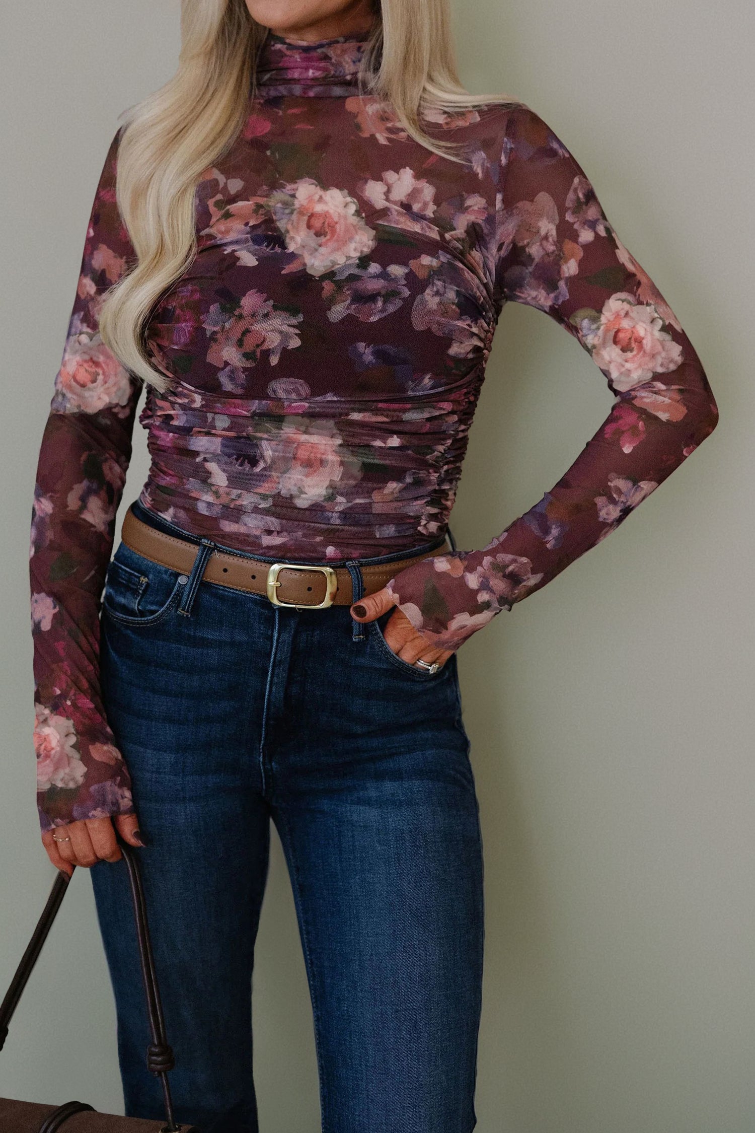 Brown High Neck Ruched Floral Mesh Top-Tops/Long Sleeve Tops-[Adult]-[Female]-Brown-S-2022 Online Blue Zone Planet