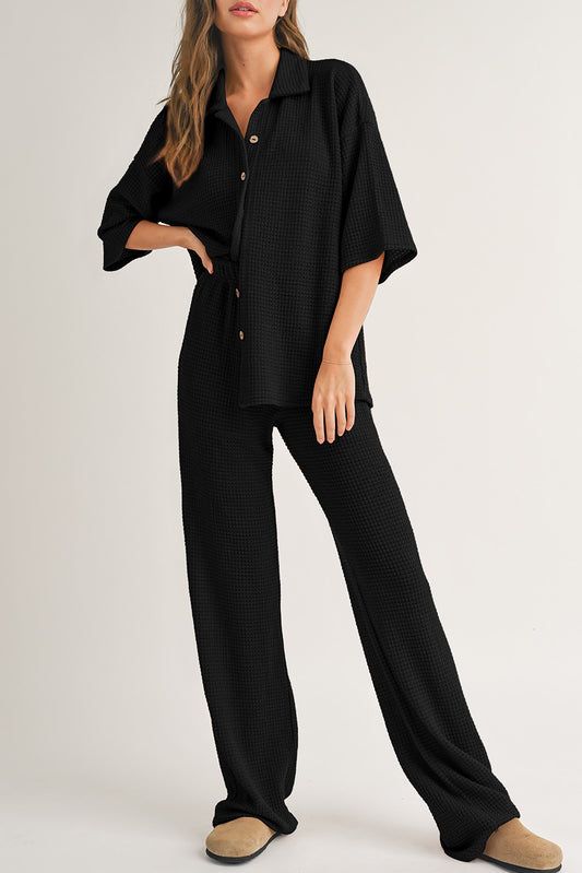 Black Solid Color Textured Buttoned Shirt and Casual Pants Set-Two Piece Sets/Pant Sets-[Adult]-[Female]-Black-S-2022 Online Blue Zone Planet