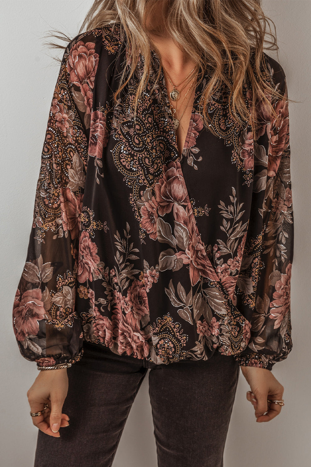 Black Floral Print Criss Cross V Neck Balloon Sleeve Blouse-Tops/Blouses & Shirts-[Adult]-[Female]-Black-S-2022 Online Blue Zone Planet