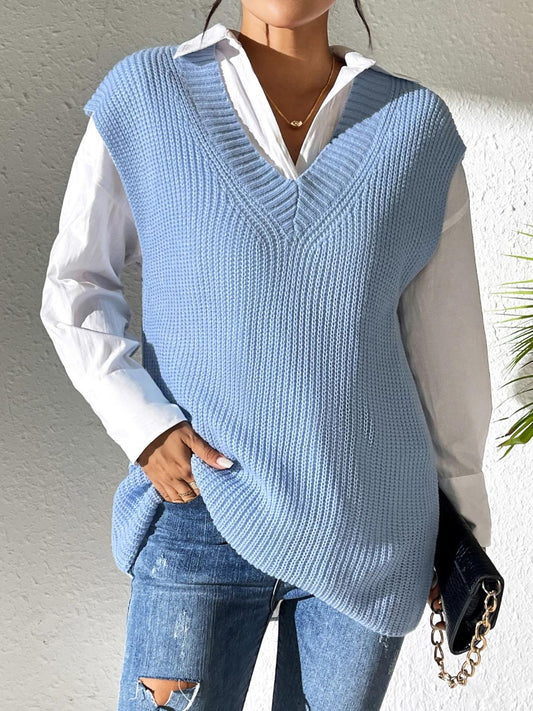 Blue Zone Planet | V-Neck Sweater Vest-TOPS / DRESSES-[Adult]-[Female]-Light Blue-One Size-2022 Online Blue Zone Planet