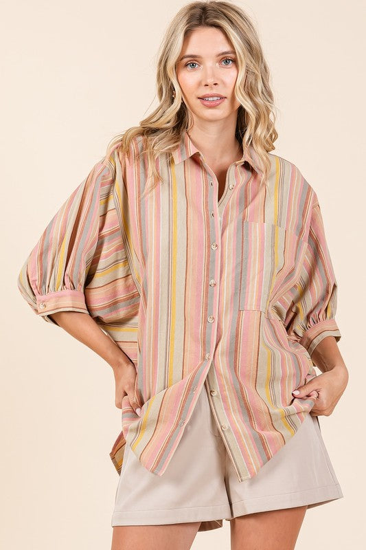 Mittoshop Striped Bubble Sleeve Button Down Shirt-TOPS / DRESSES-[Adult]-[Female]-Multicolor-S-2022 Online Blue Zone Planet
