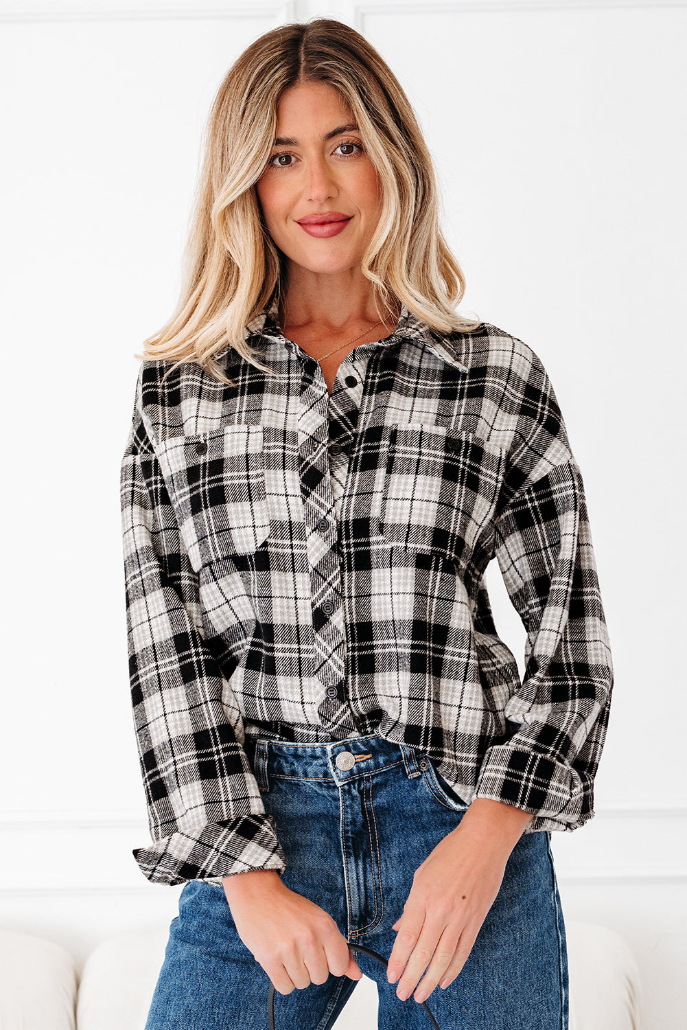 Black Plaid Print Chest Pockets Buttoned Shirt-Tops/Blouses & Shirts-[Adult]-[Female]-2022 Online Blue Zone Planet