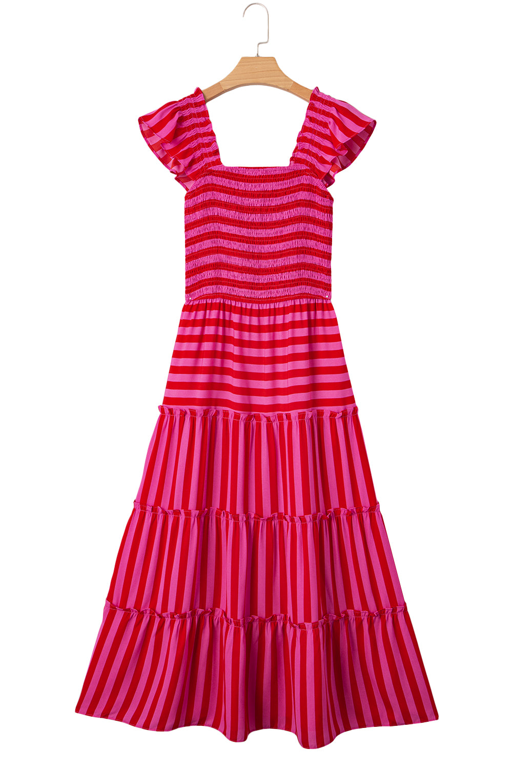 Rose Stripe Flutter Sleeve Smocked Bodice Tiered Maxi Dress-TOPS / DRESSES-[Adult]-[Female]-2022 Online Blue Zone Planet
