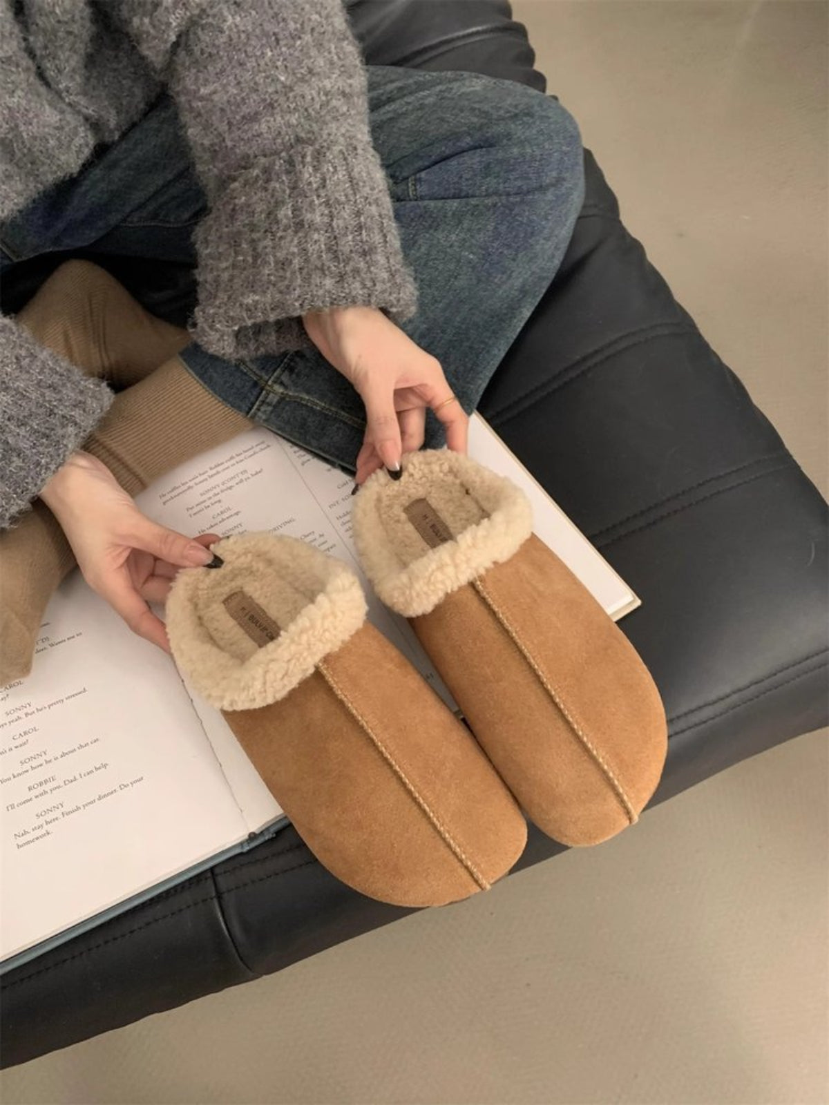 Thermal Fuzzy Round Toe Flat Slippers-SLIPPERS-[Adult]-[Female]-Camel-35(US4)-2022 Online Blue Zone Planet