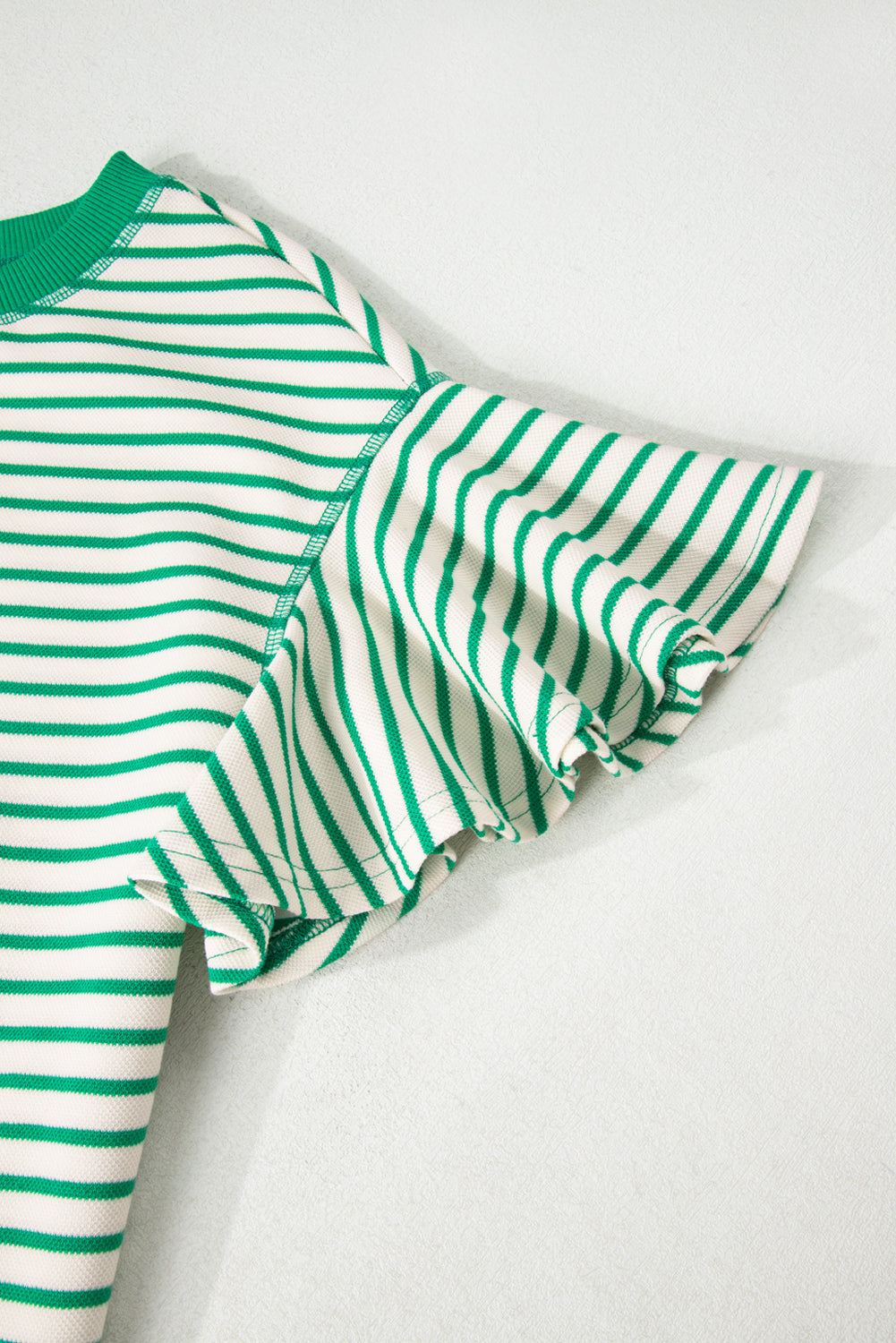 Bright Green Contrast Detail Striped Ruffle Short Sleeve Top-Tops/Blouses & Shirts-[Adult]-[Female]-2022 Online Blue Zone Planet