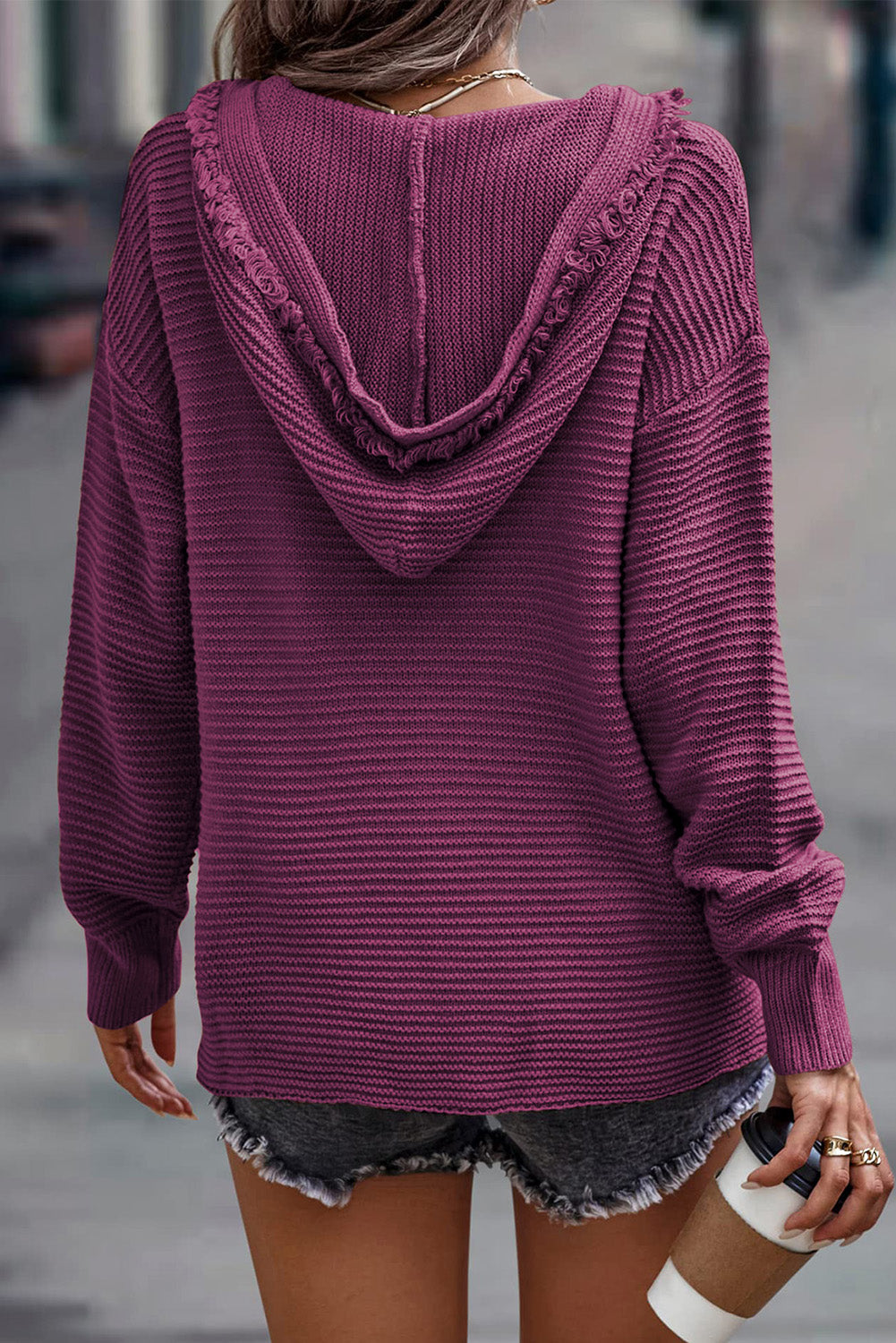 Black V Neck Ribbed Drop Shoulder Hooded Sweater-Tops / Dresses-[Adult]-[Female]-2022 Online Blue Zone Planet