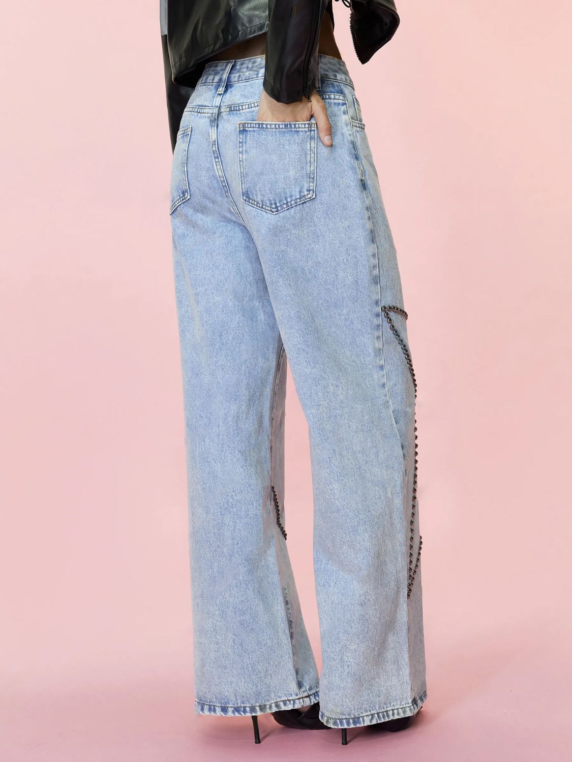 Blue Zone Planet | Studded Star Straight Jeans with Pockets-BOTTOM SIZES SMALL MEDIUM LARGE-[Adult]-[Female]-2022 Online Blue Zone Planet