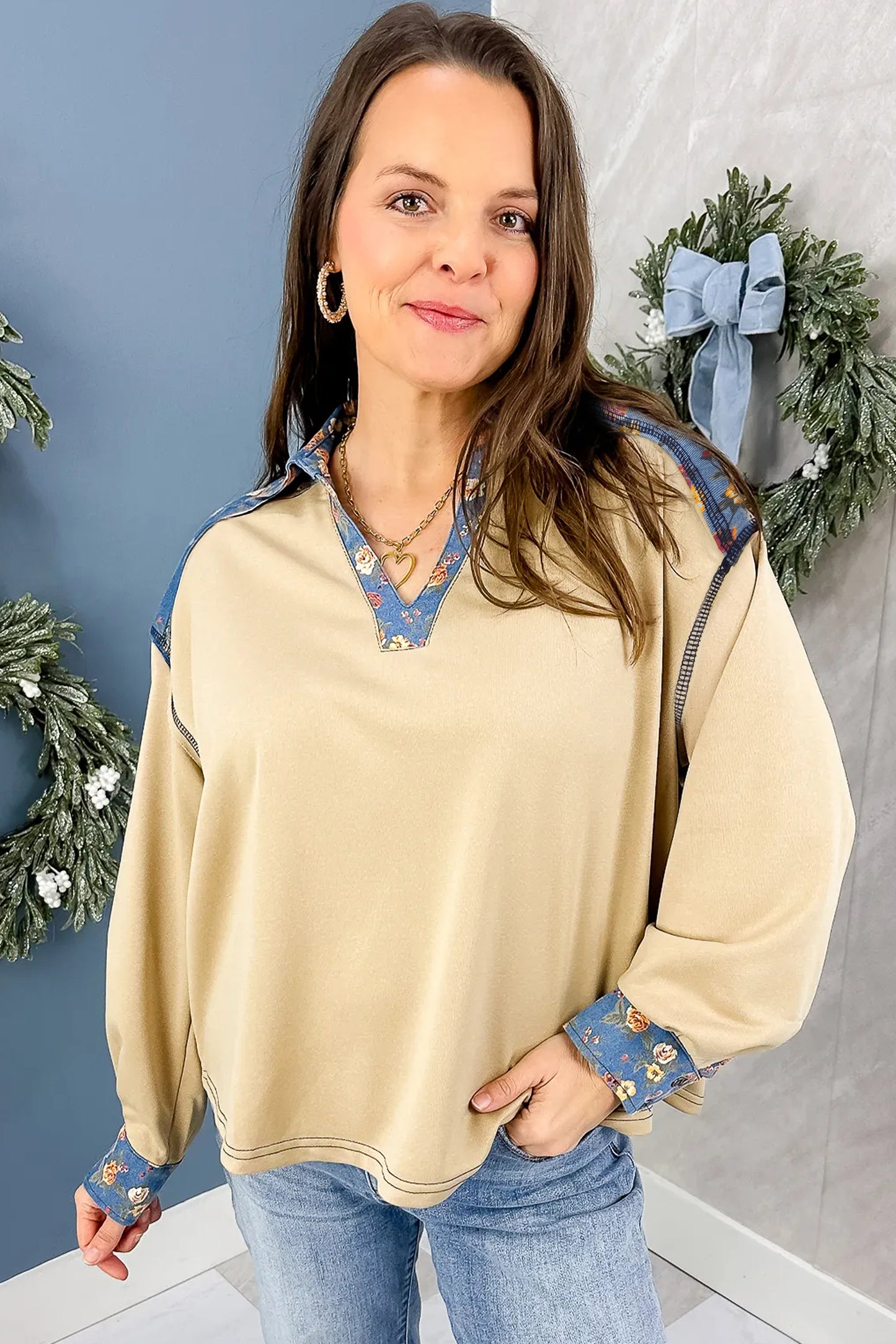 Apricot Floral Denim Patchwork Collar V Neck Long Sleeve Pullover Top-Tops/Long Sleeve Tops-[Adult]-[Female]-2022 Online Blue Zone Planet