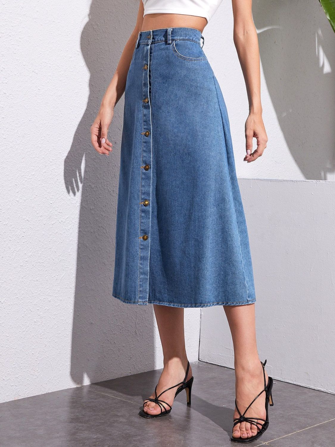 Buttoned Midi Denim Skirt with Pockets-BOTTOM SIZES SMALL MEDIUM LARGE-[Adult]-[Female]-2022 Online Blue Zone Planet