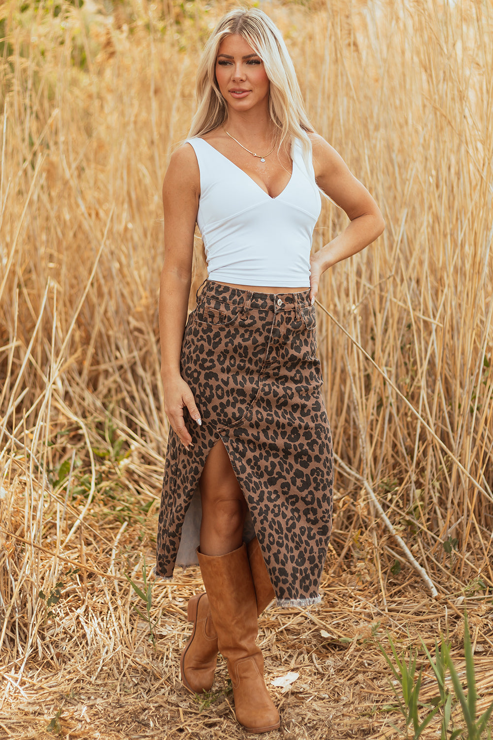 Brown Leopard Denim Frayed Split Denim Midi Skirt-Bottoms/Skirts & Petticoat-[Adult]-[Female]-2022 Online Blue Zone Planet