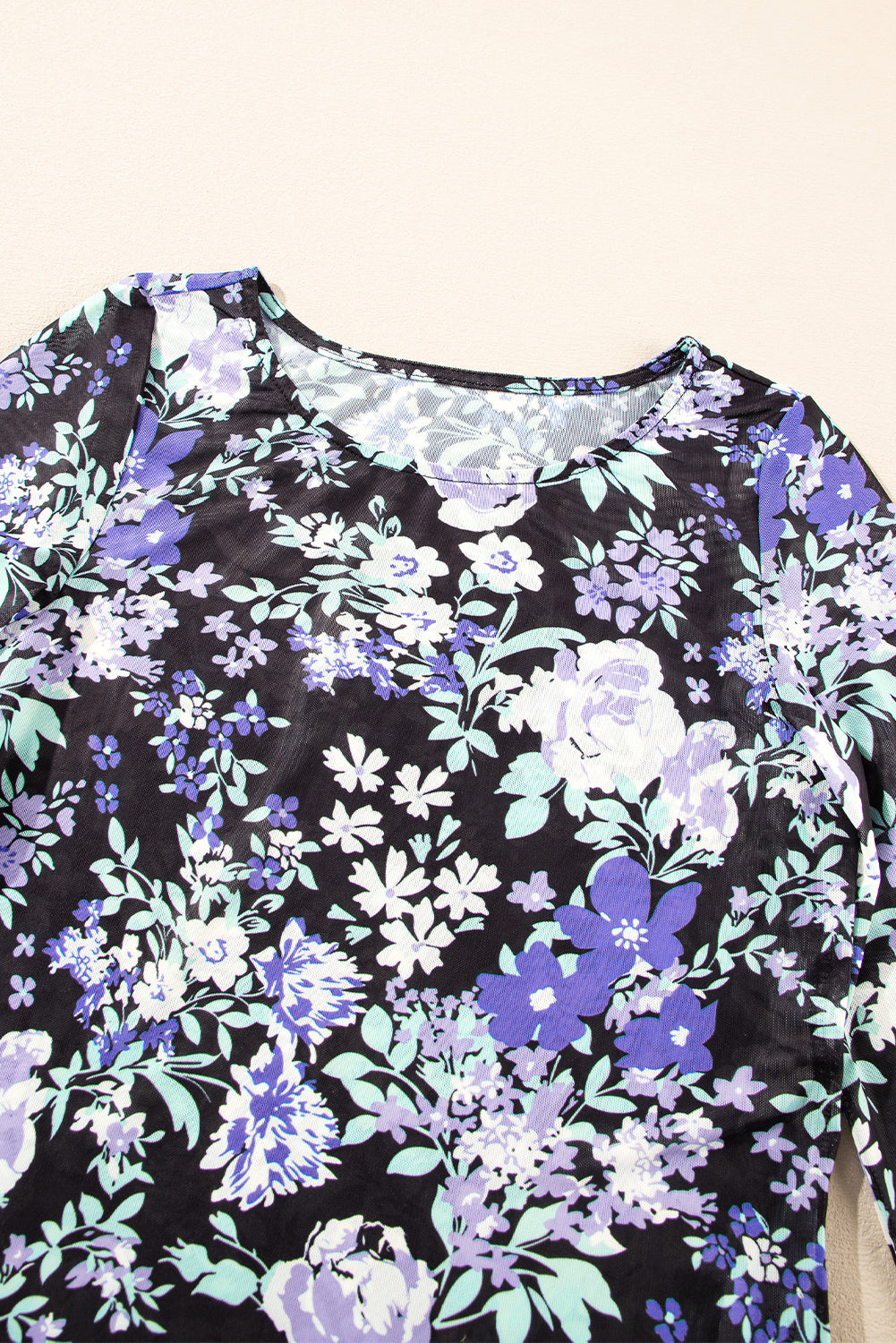 Blue Zone Planet | Black Floral Print Mesh Fitted Long Sleeve Top-Tops/Long Sleeve Tops-[Adult]-[Female]-2022 Online Blue Zone Planet