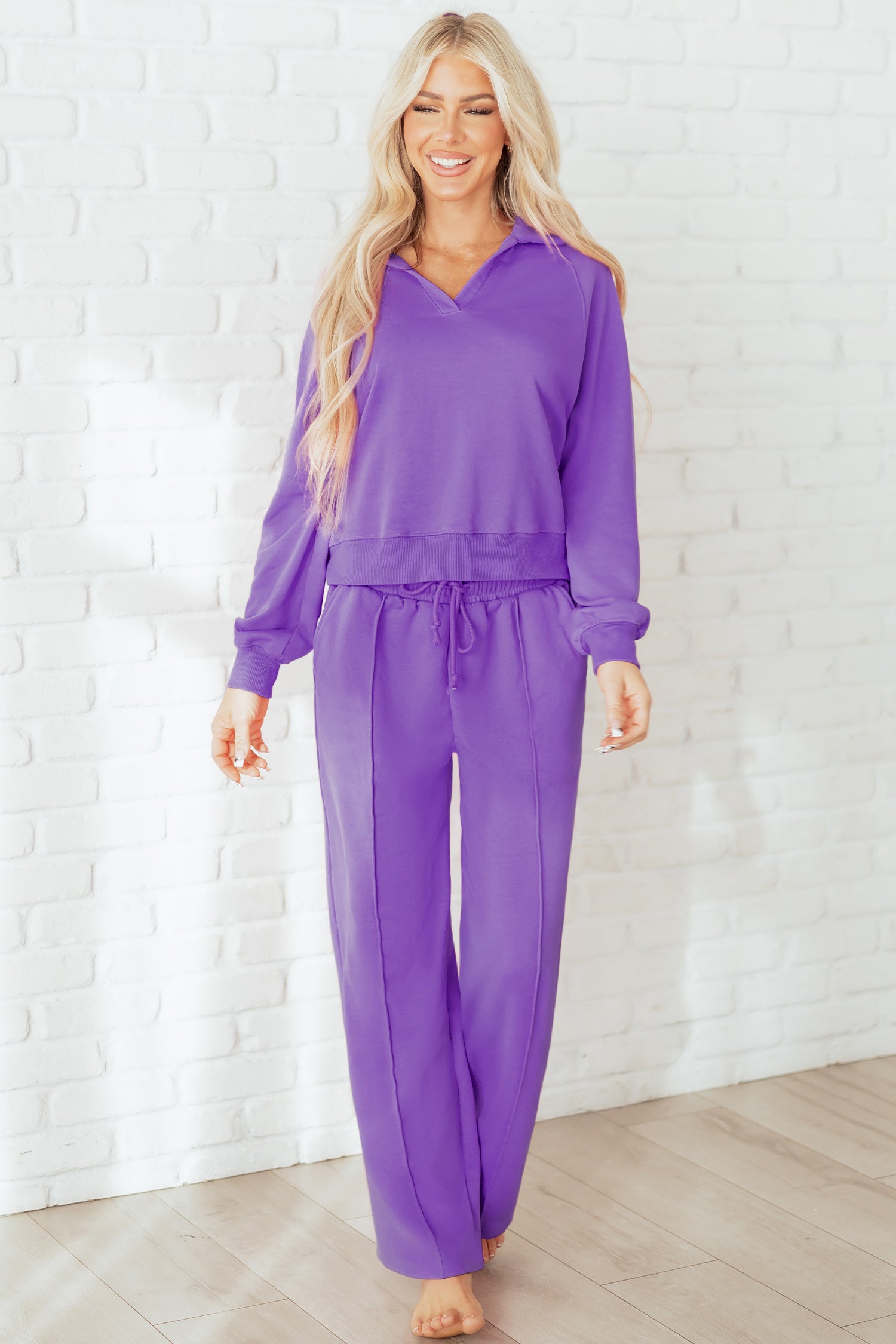 Wisteria Solid Color Collared Pullover and Central Seam Pants Set-Two Piece Sets/Pant Sets-[Adult]-[Female]-2022 Online Blue Zone Planet
