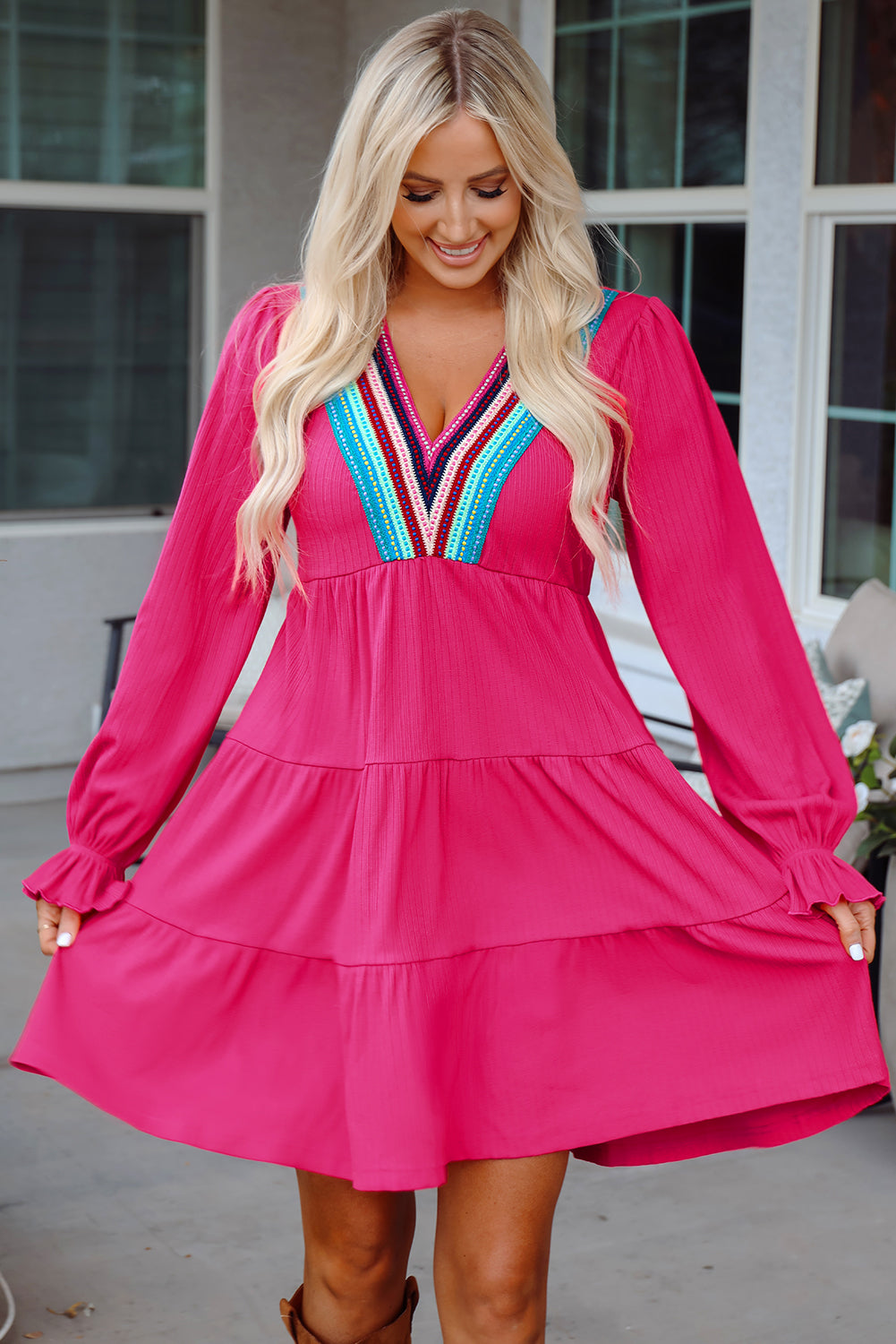 Blue Zone Planet | Rose Red Colorful Crochet V Neck Textured Tiered Ruffled Long Sleeve Mini Dress-TOPS / DRESSES-[Adult]-[Female]-2022 Online Blue Zone Planet