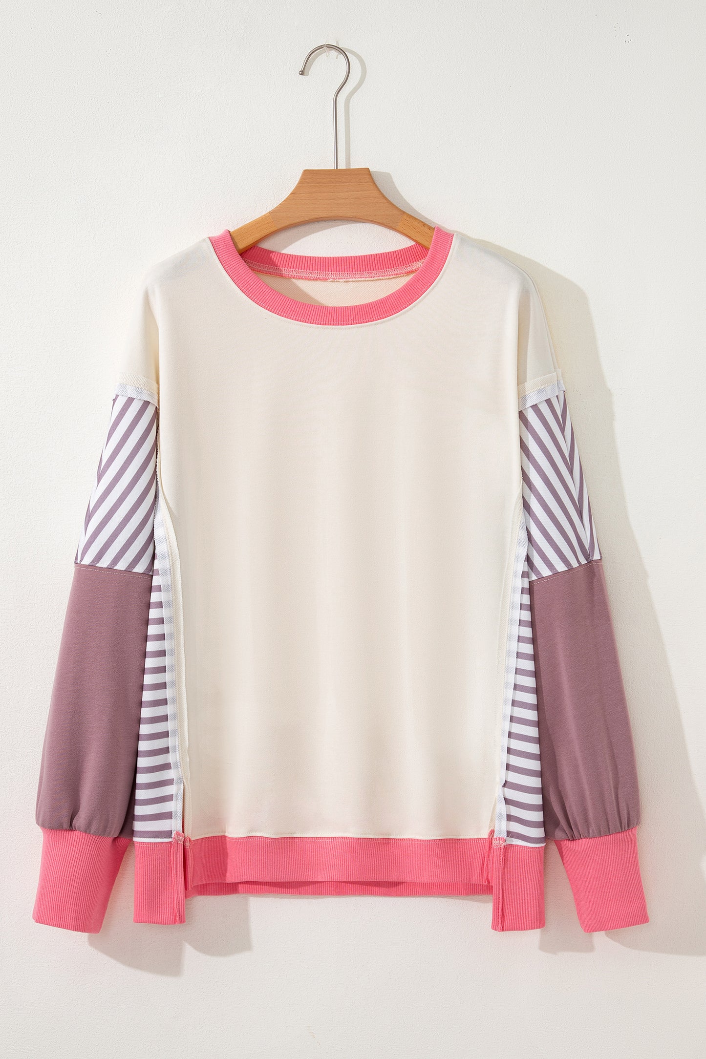 White Color Block Striped Patchwork Dolman Slit Sweatshirt-Tops/Sweatshirts & Hoodies-[Adult]-[Female]-2022 Online Blue Zone Planet