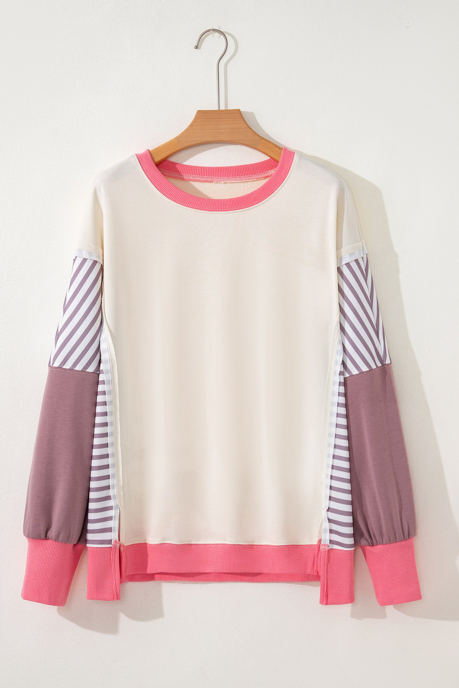 White Color Block Striped Patchwork Dolman Slit Sweatshirt-Tops/Sweatshirts & Hoodies-[Adult]-[Female]-2022 Online Blue Zone Planet