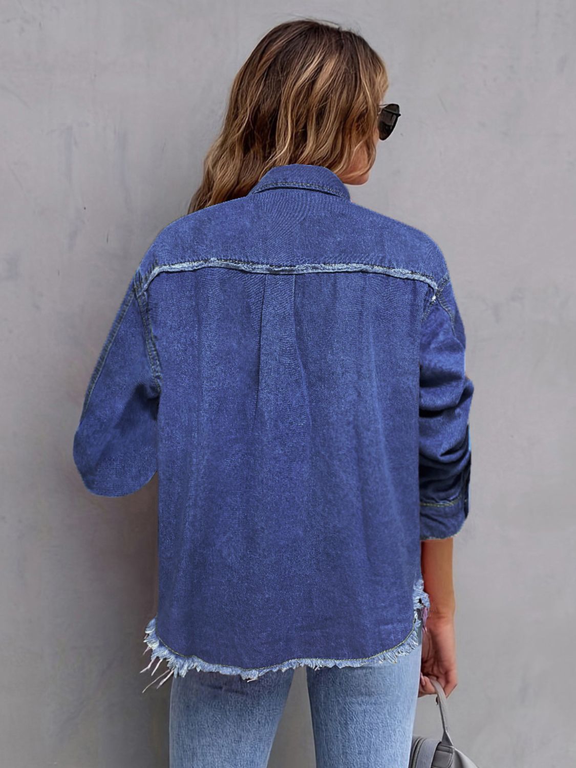 Pocketed Collared Neck Long Sleeve Denim Shirt-TOPS / DRESSES-[Adult]-[Female]-2022 Online Blue Zone Planet